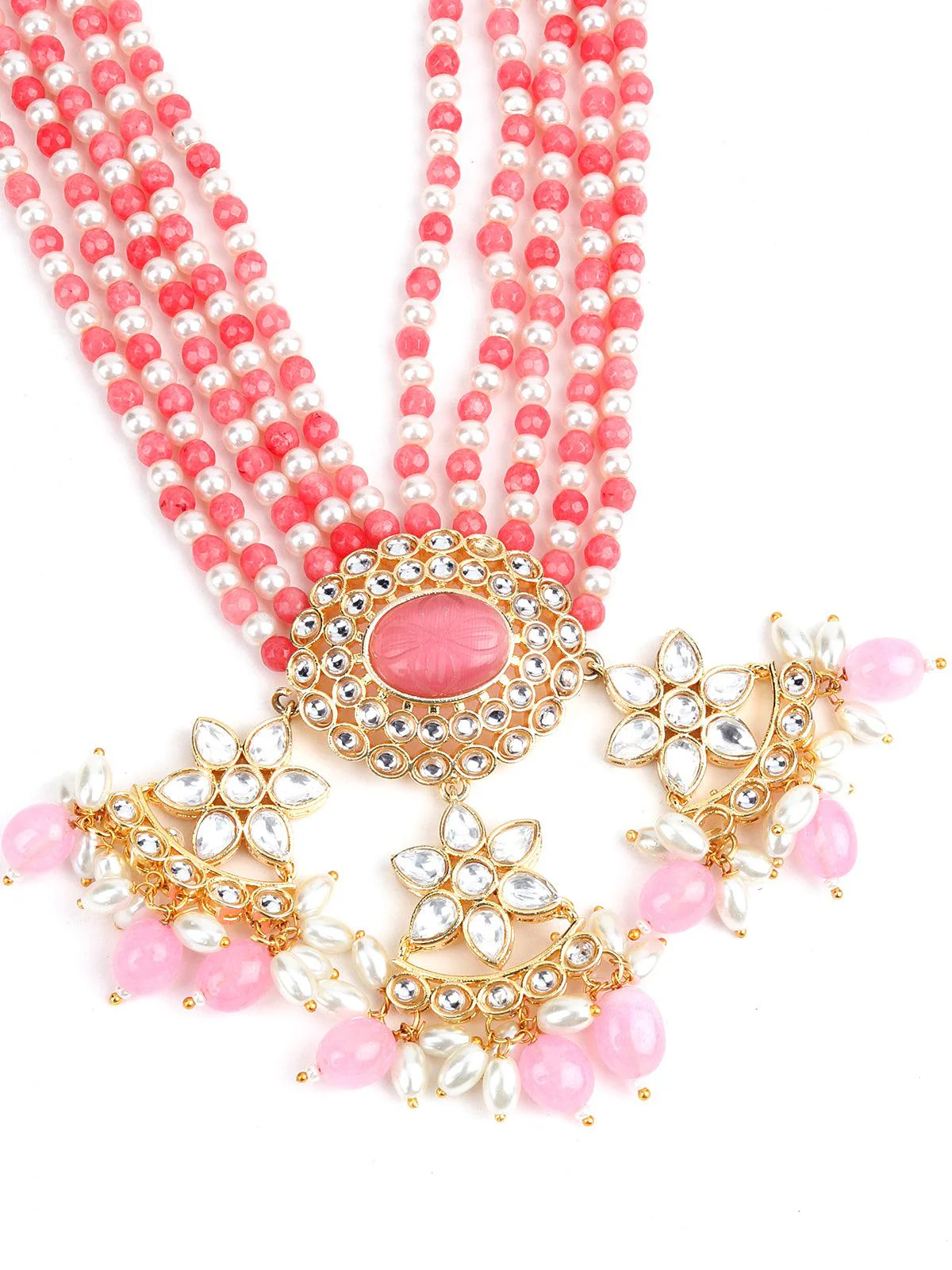 Odette Women Pink And White Multi Layered Kundan Necklace - Image 5
