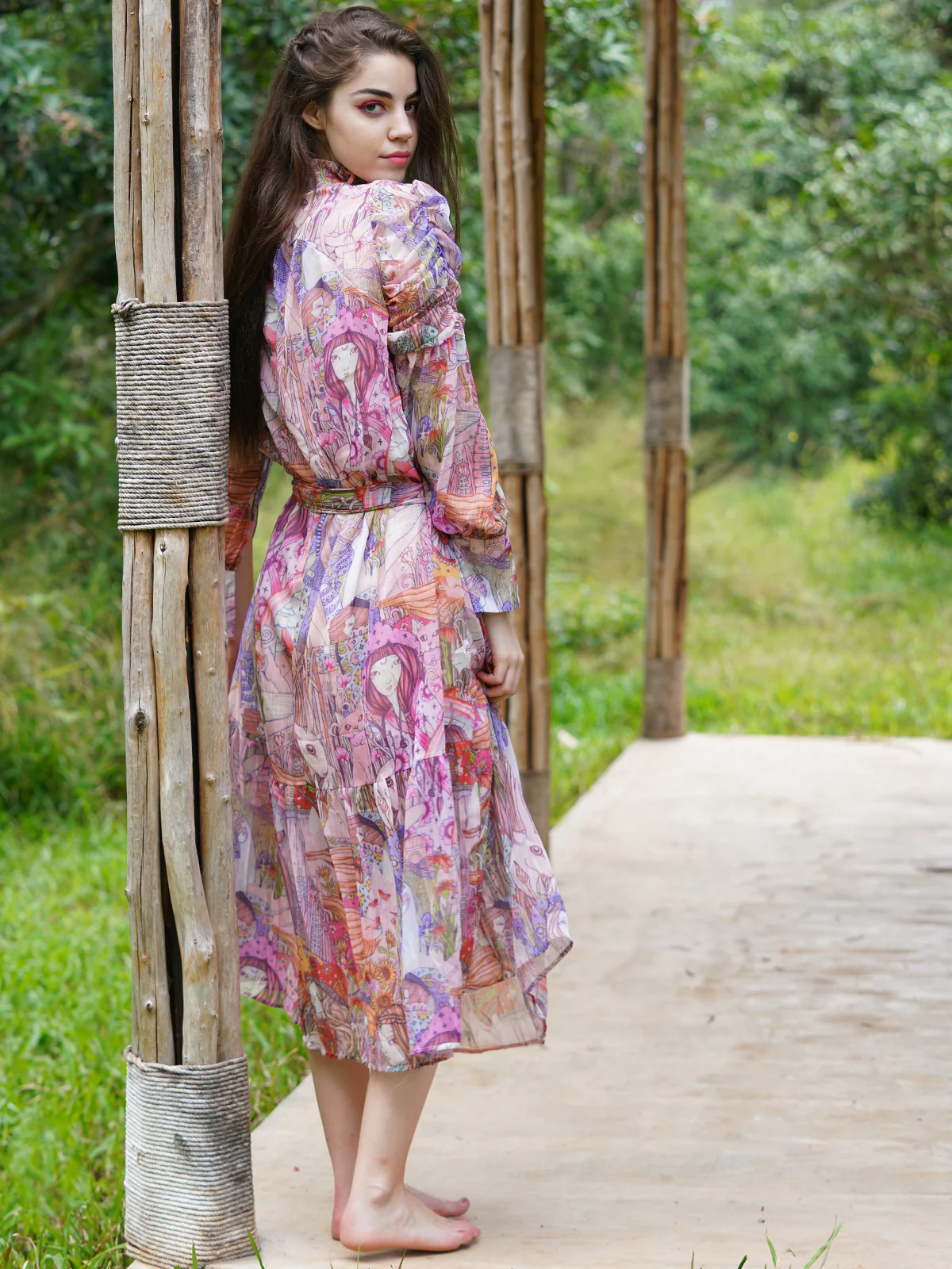 Odette Women Pink Chiffon Printed Long Belted Stitched Dress - Image 4