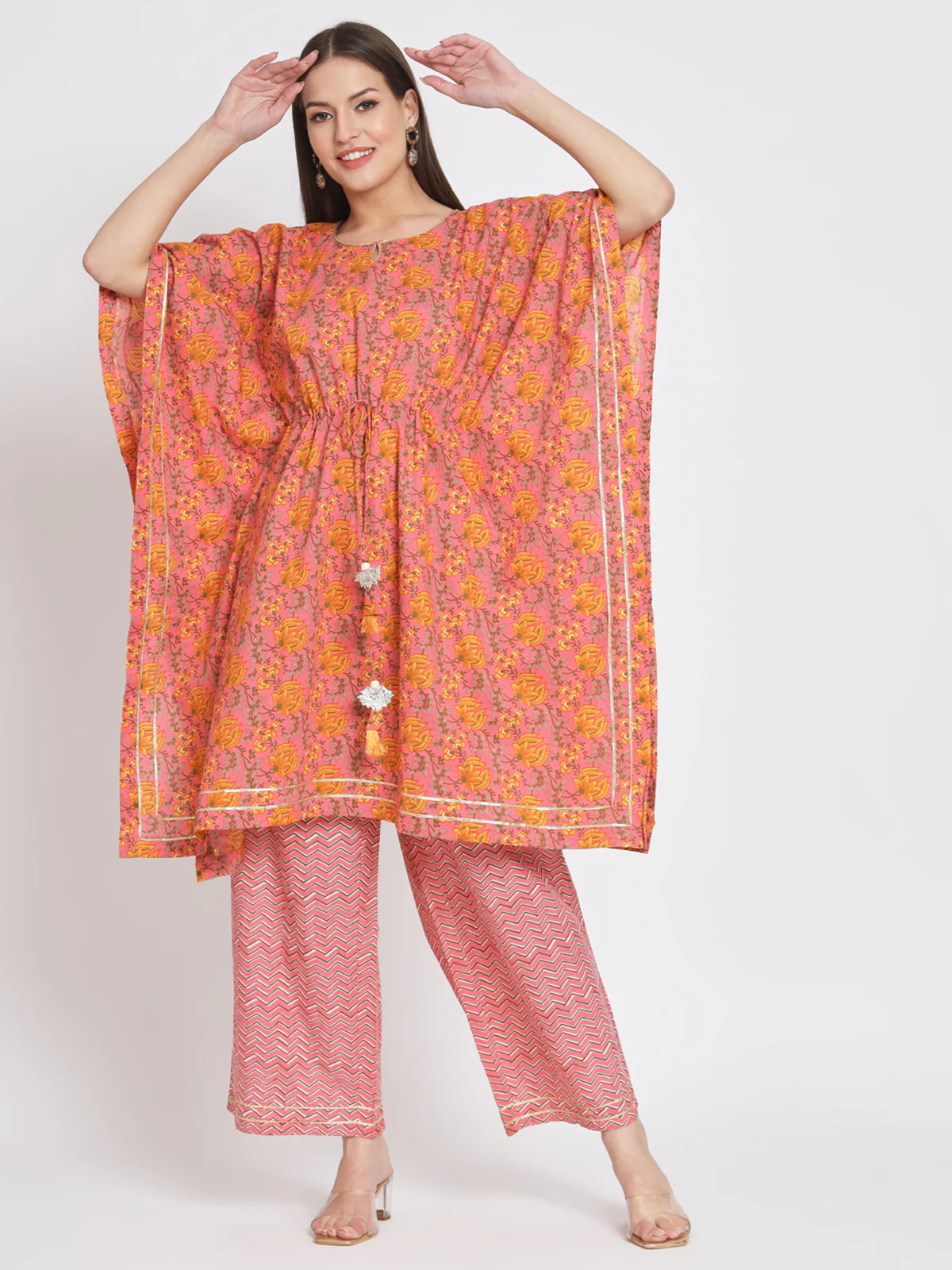 Odette Women Pink Cotton Floral Printed Stitched Kurta Set - Image 2