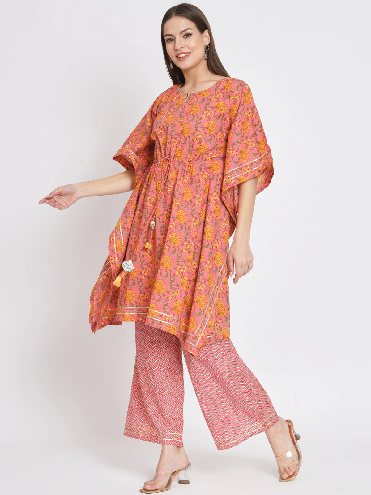 Odette Women Pink Cotton Floral Printed Stitched Kurta Set - Image 3