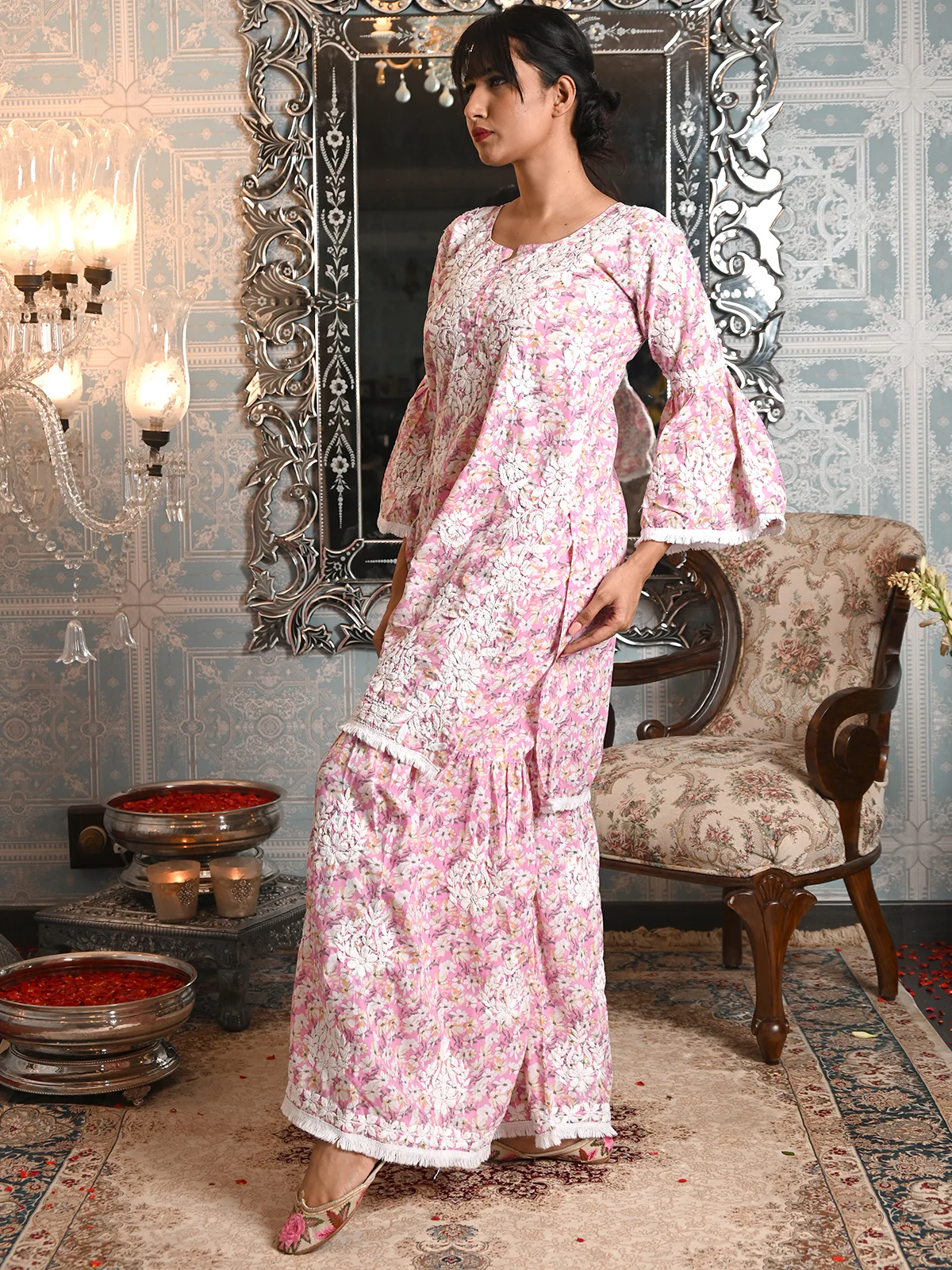 Odette Women Pink Cotton Printed Chikankari Embroidered Stitched Kurta With Sharara Pant - Image 3