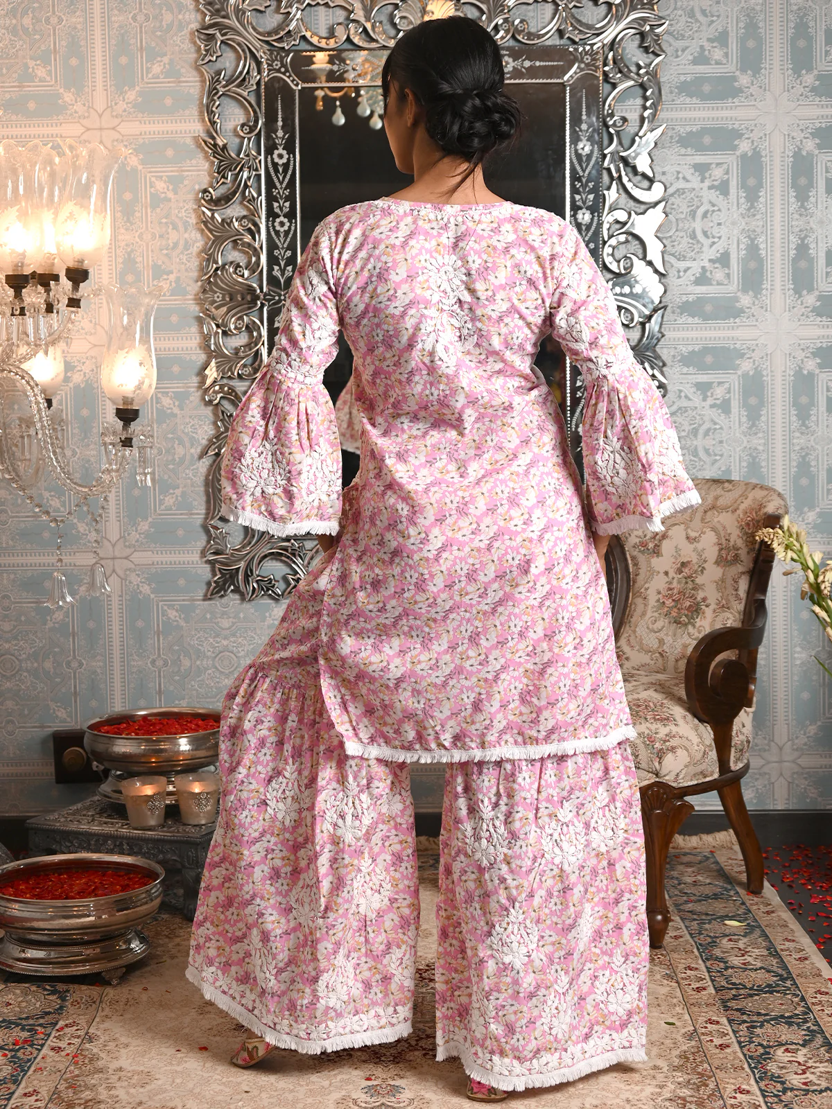 Odette Women Pink Cotton Printed Chikankari Embroidered Stitched Kurta With Sharara Pant - Image 4