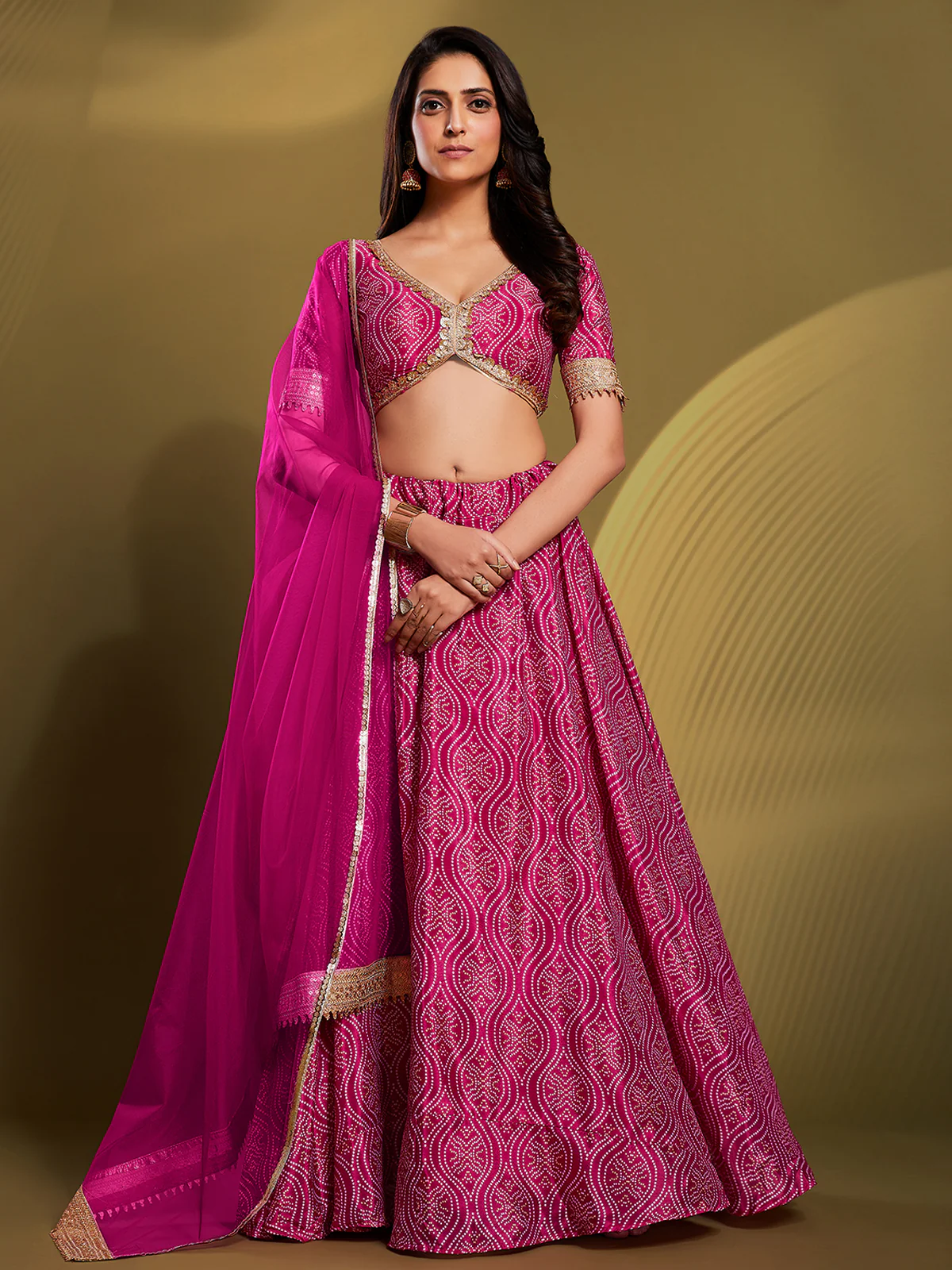 Odette Women Pink Crepe Bandhani Print Semi Stitched Lehenga Choli