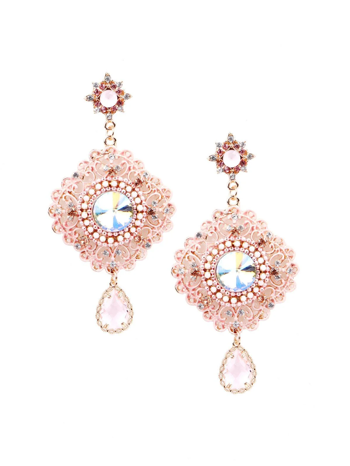 Odette Women Pink Crystal Embellished Drop Earrings - Image 3