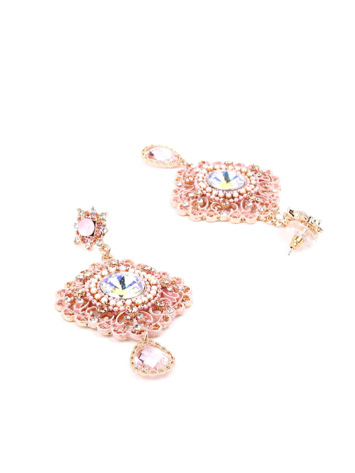 Odette Women Pink Crystal Embellished Drop Earrings - Image 6
