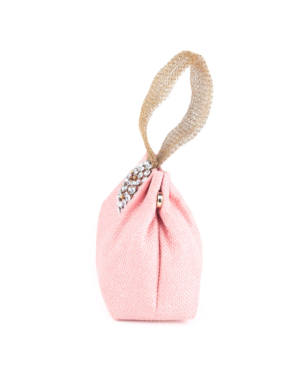Odette Women Pink Embellished Clutch Bag With Golden Mesh Handle - Image 4