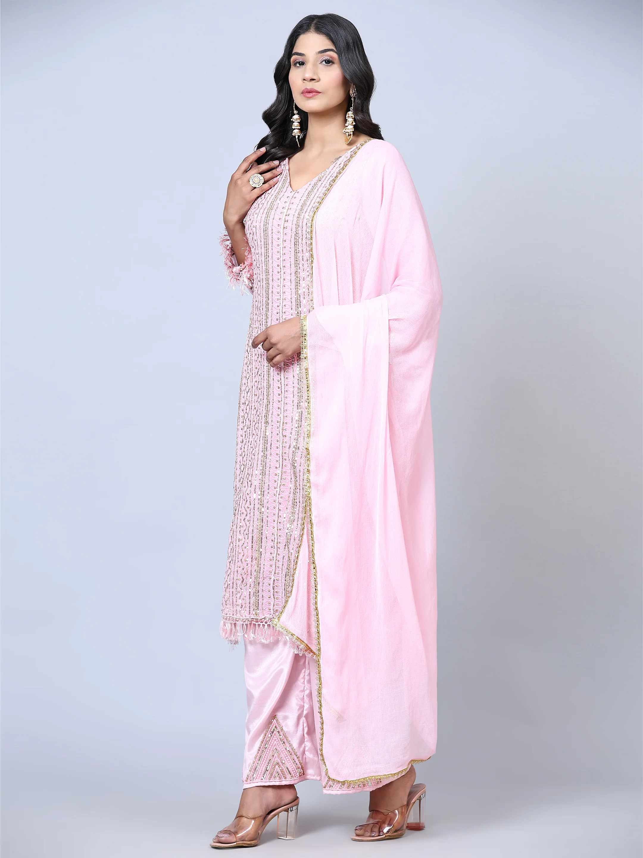 Odette Women Pink Embellished With Embroidered Georgette Semi Stitched Suit - Image 4
