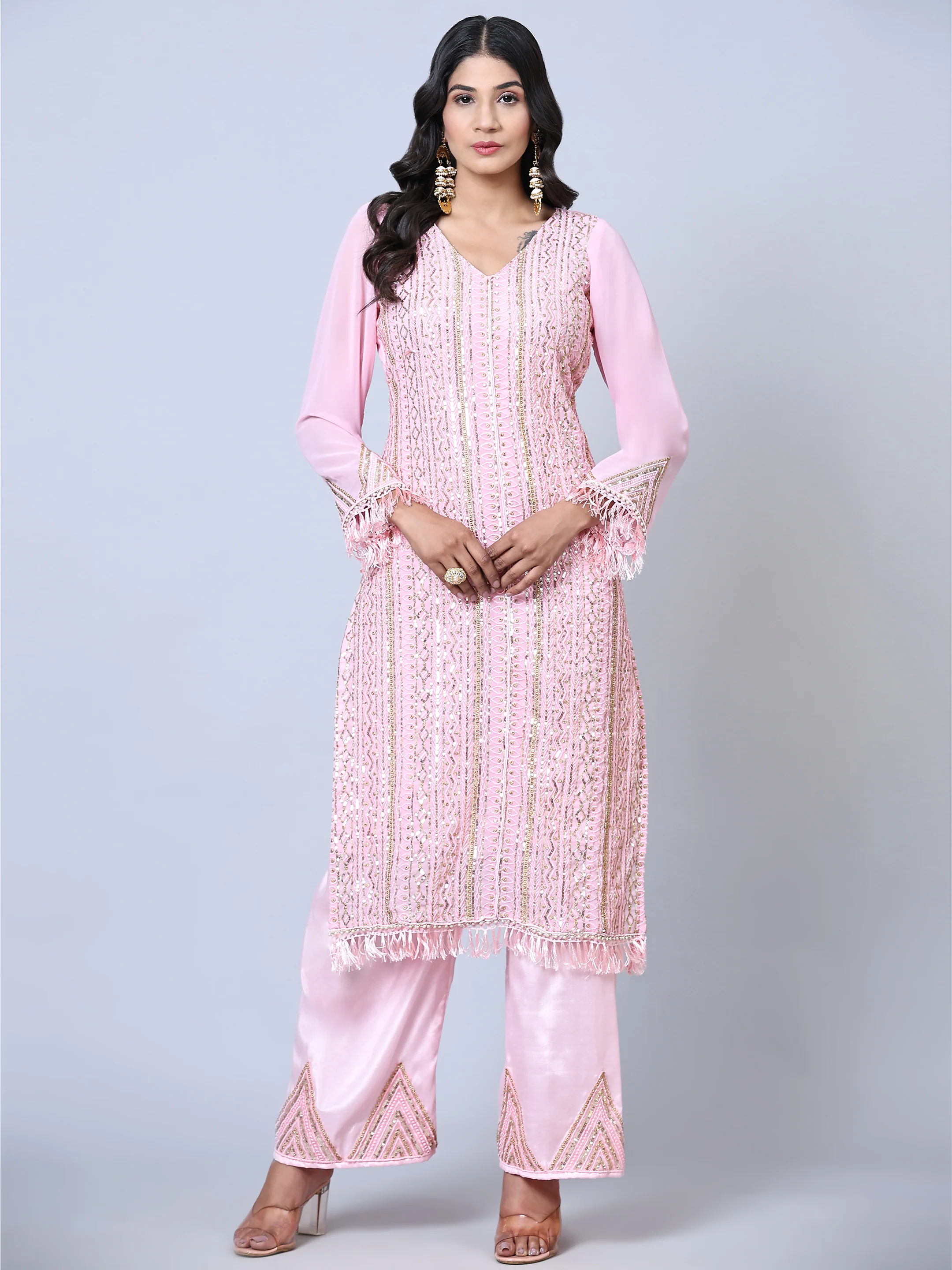 Odette Women Pink Embellished With Embroidered Georgette Semi Stitched Suit - Image 5