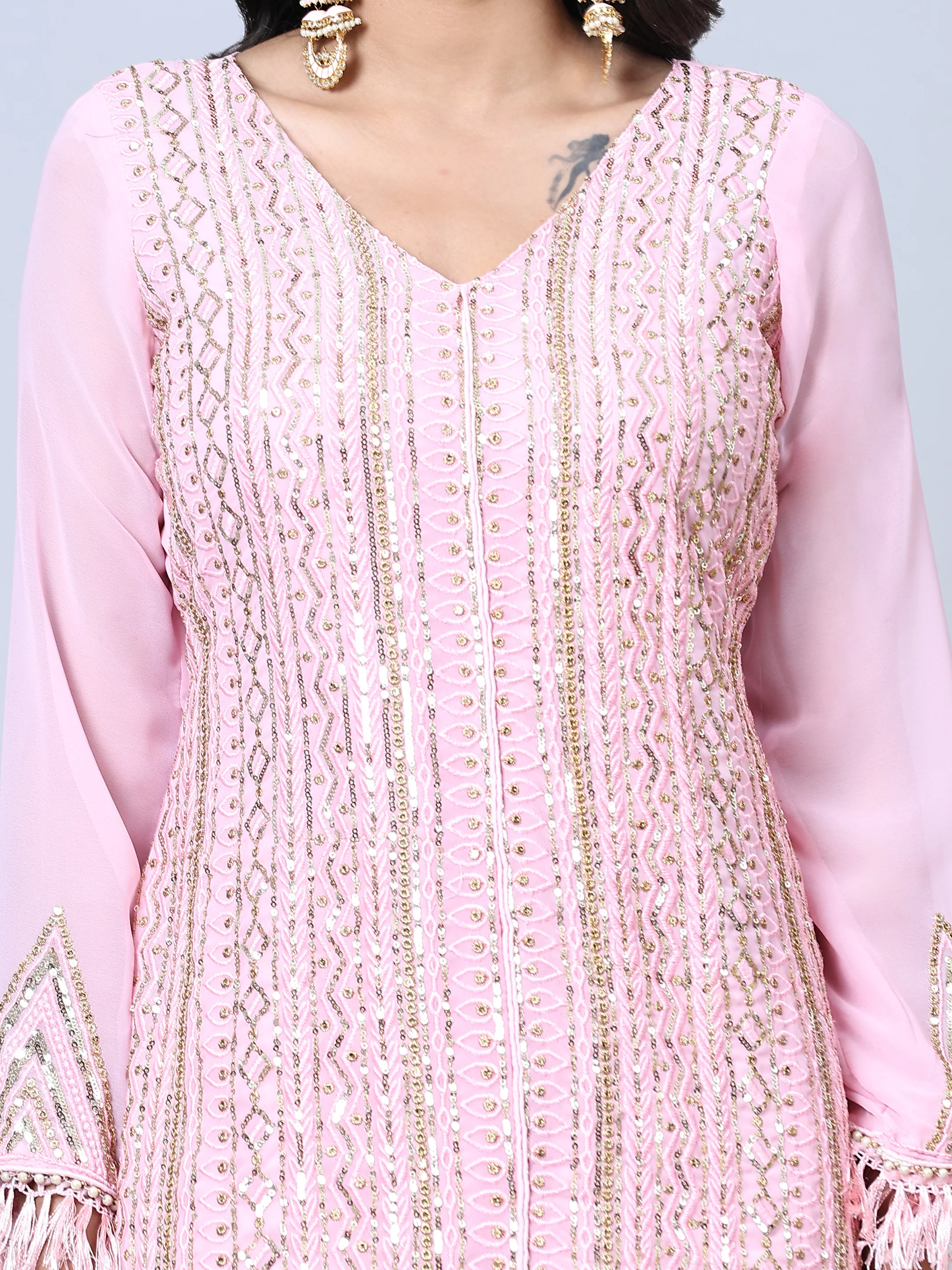 Odette Women Pink Embellished With Embroidered Georgette Semi Stitched Suit - Image 7