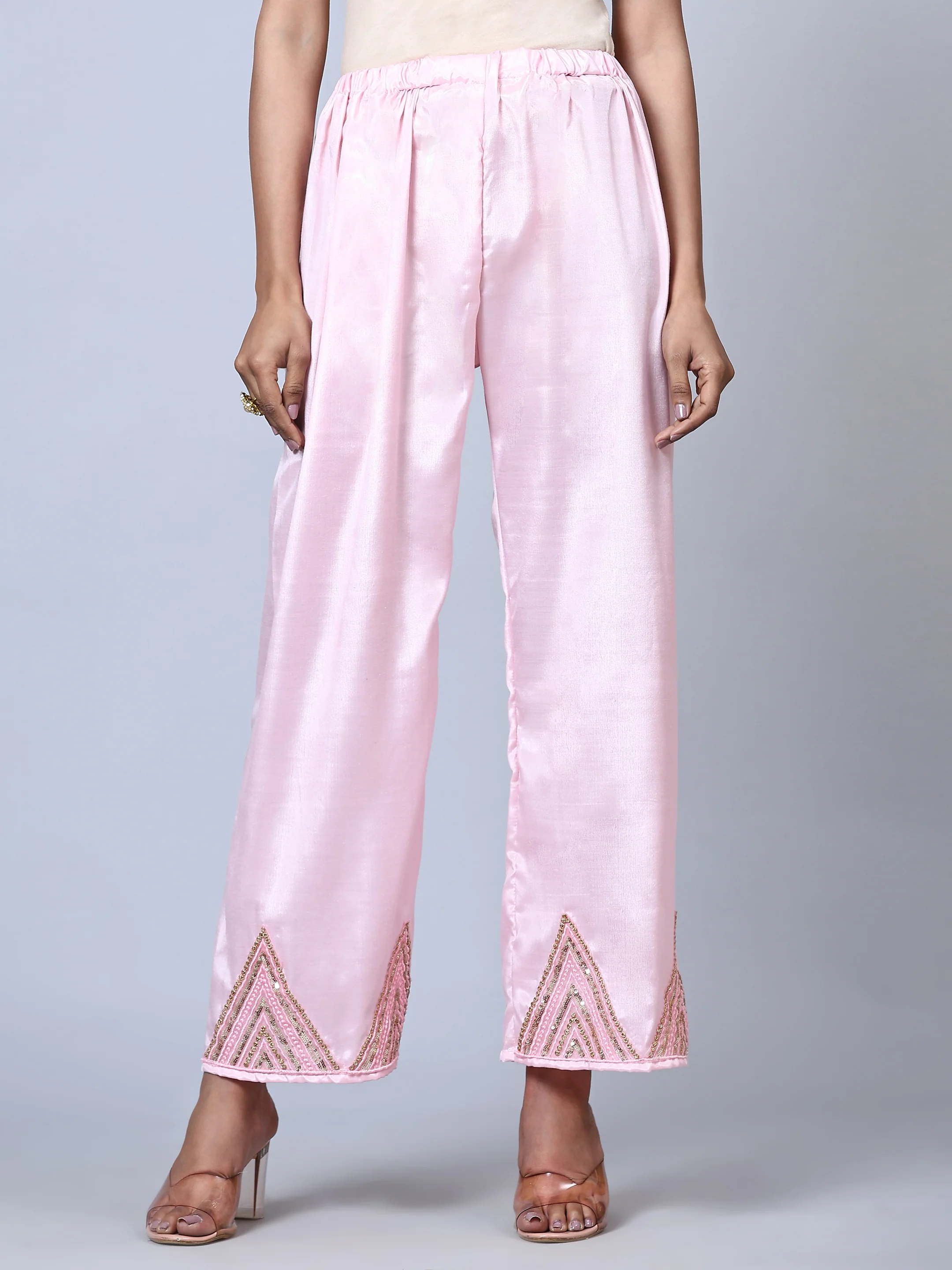 Odette Women Pink Embellished With Embroidered Georgette Semi Stitched Suit - Image 8
