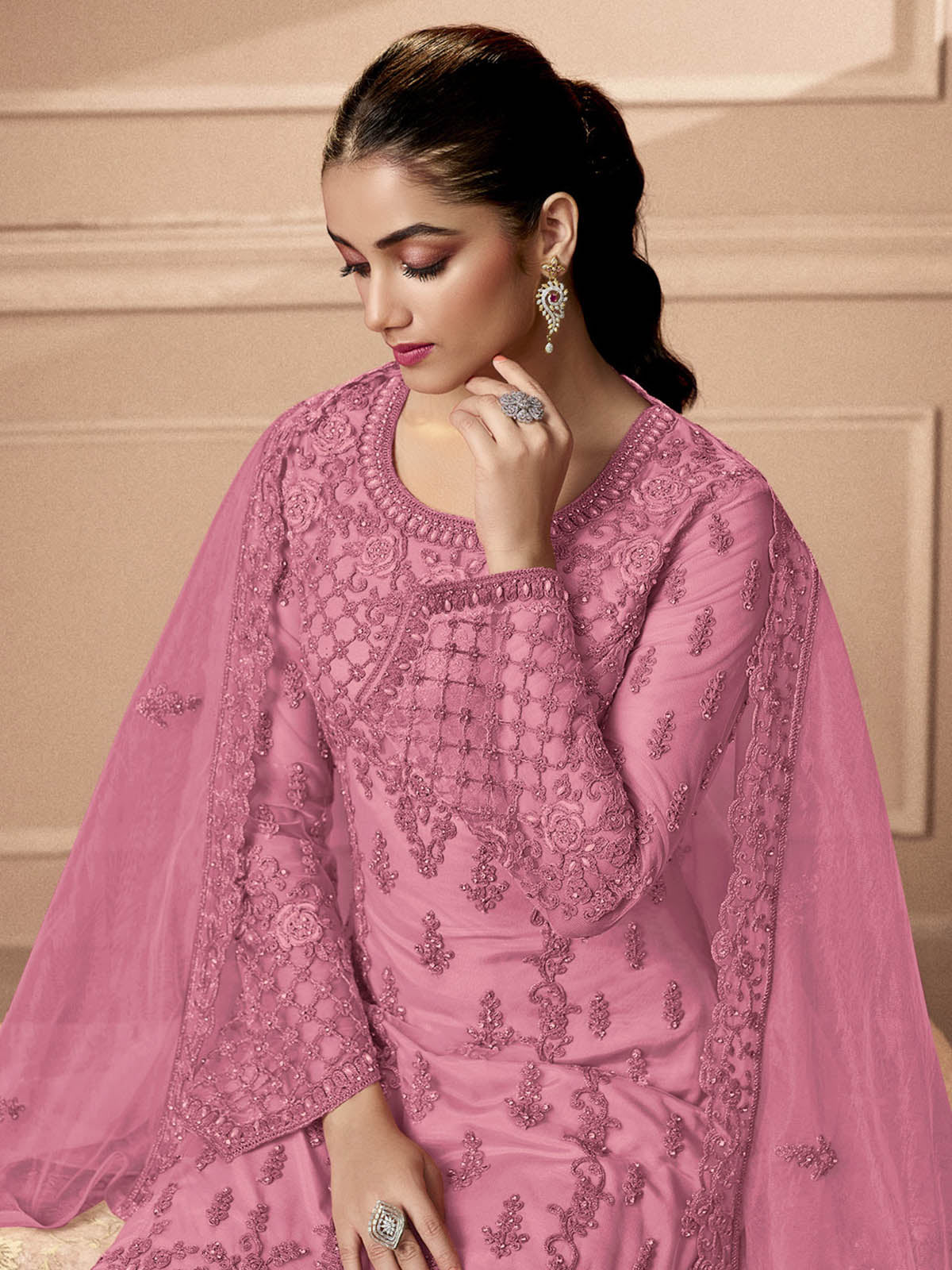 Odette Women Pink Embroidered Georgette Semi Stitched Palazzo Suit - Image 2