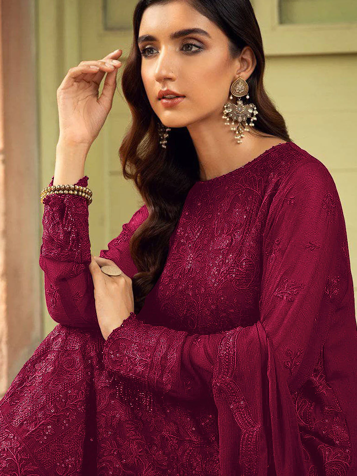 Odette Women Magenta Embroidered Georgette Semi Stitched Suit - Image 2