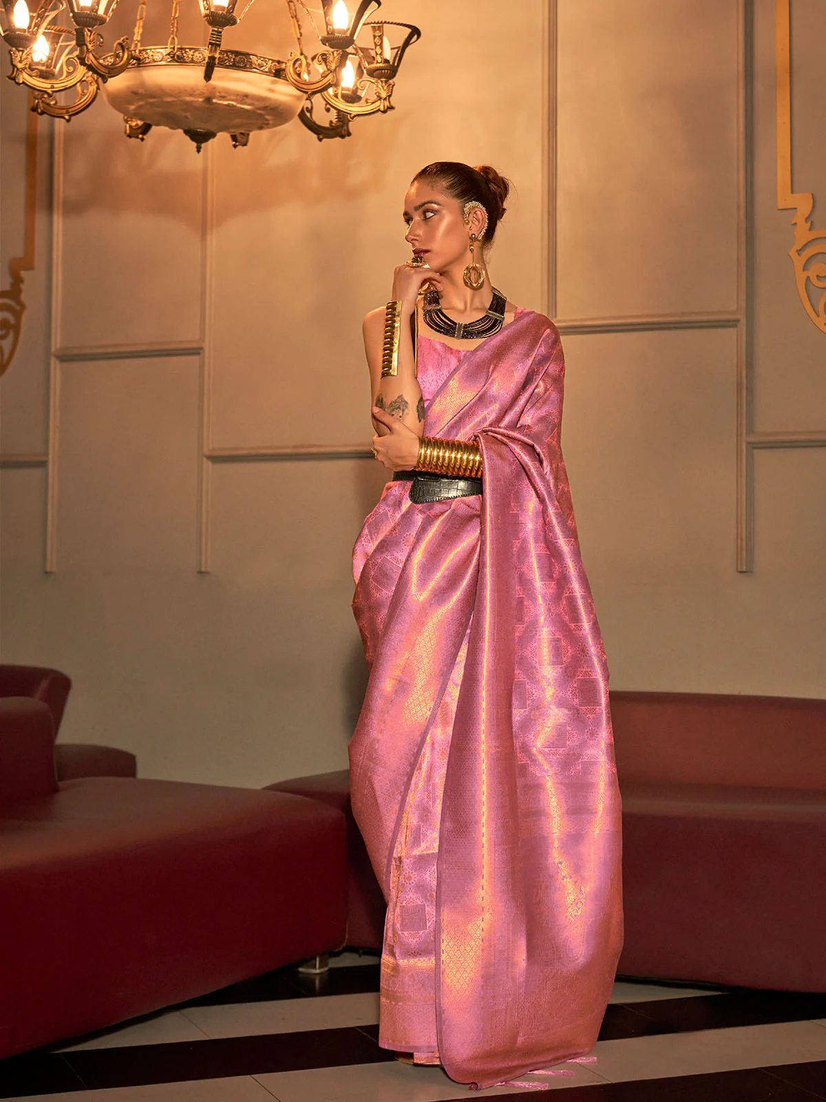 Odette Women Pink Festive Woven Silk Saree With Unstitched Blouse