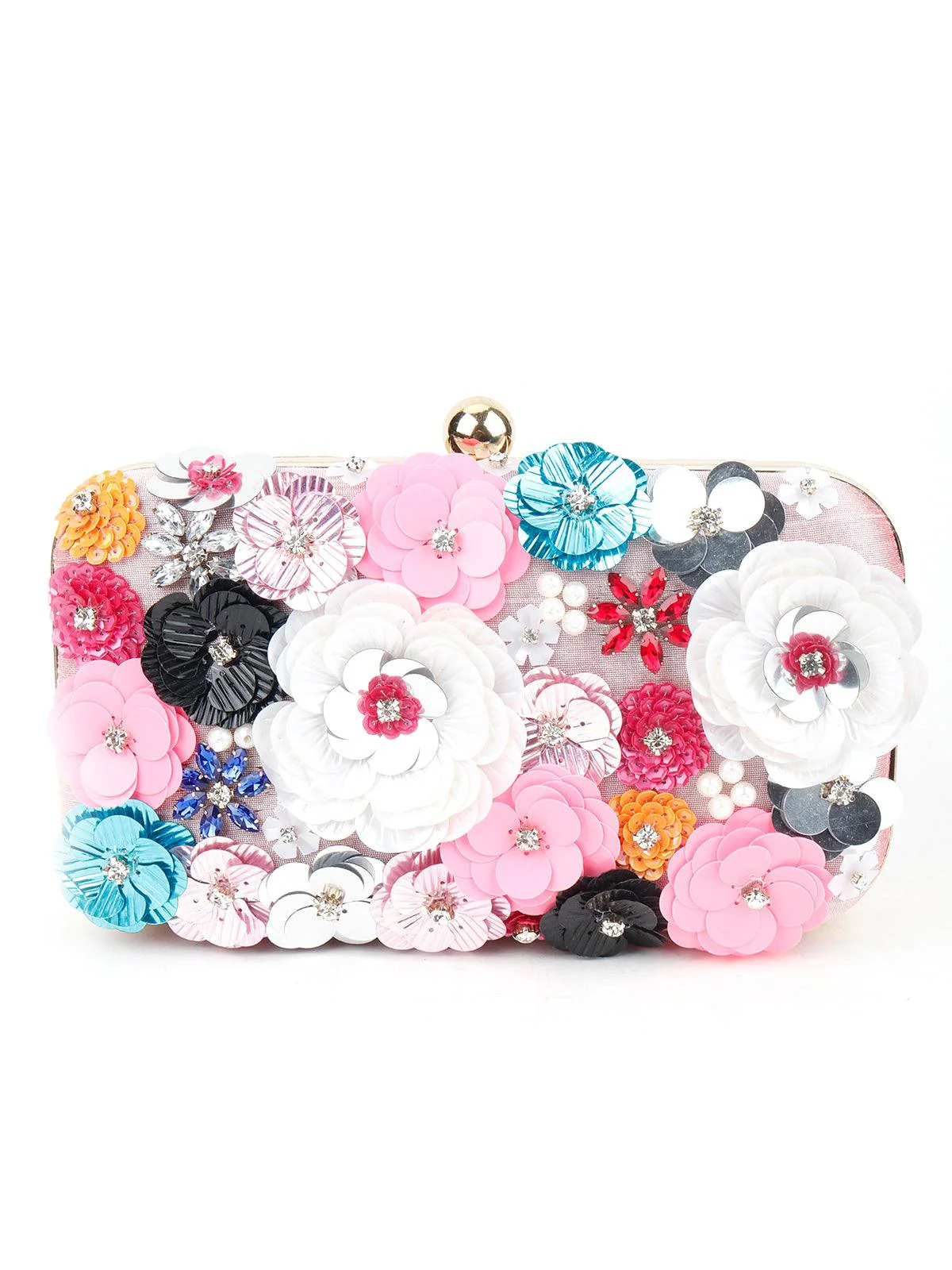 Odette Women Powder Pink Floral Embellished Sequin Multicolour Clutch - Image 3