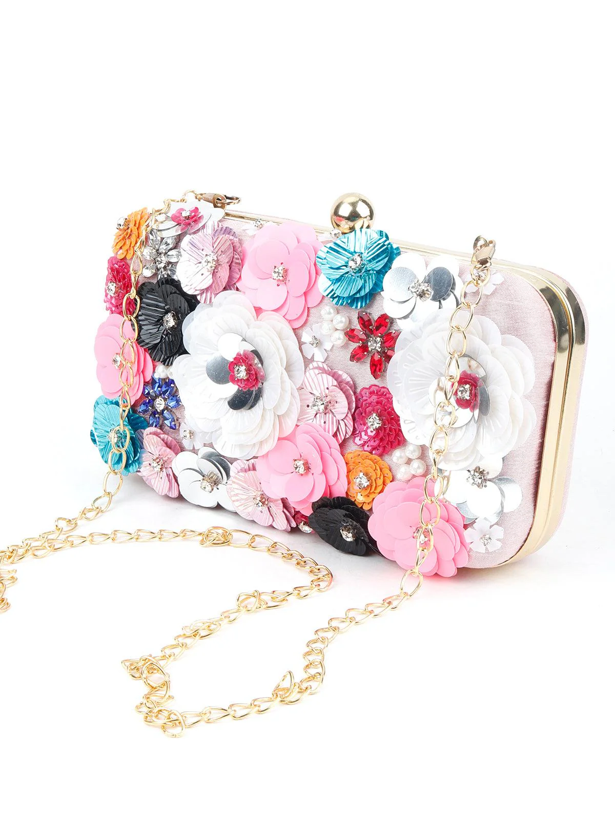 Odette Women Powder Pink Floral Embellished Sequin Multicolour Clutch - Image 5