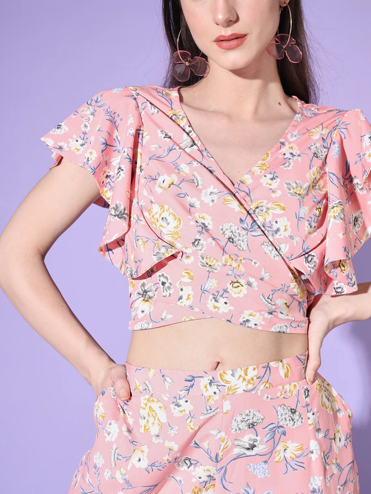 Odette Women Pink Floral Printed Crepe Stitched  Co Ord Set - Image 2