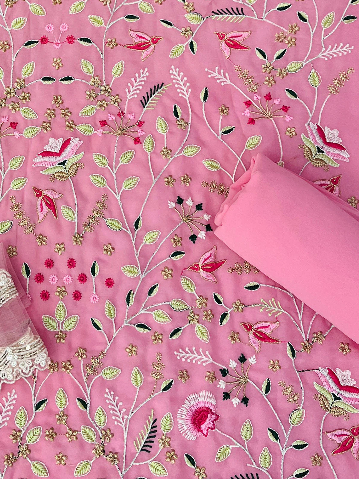 Odette Women Pink Floral Sequence Embroidered Georgette Unstitched Sharara Suit - Image 3