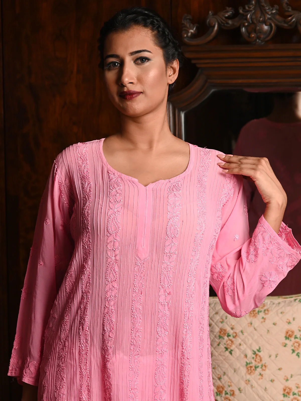 Odette Women Pink Georgette Chikankari Embroidered Stitched Kurta - Image 2