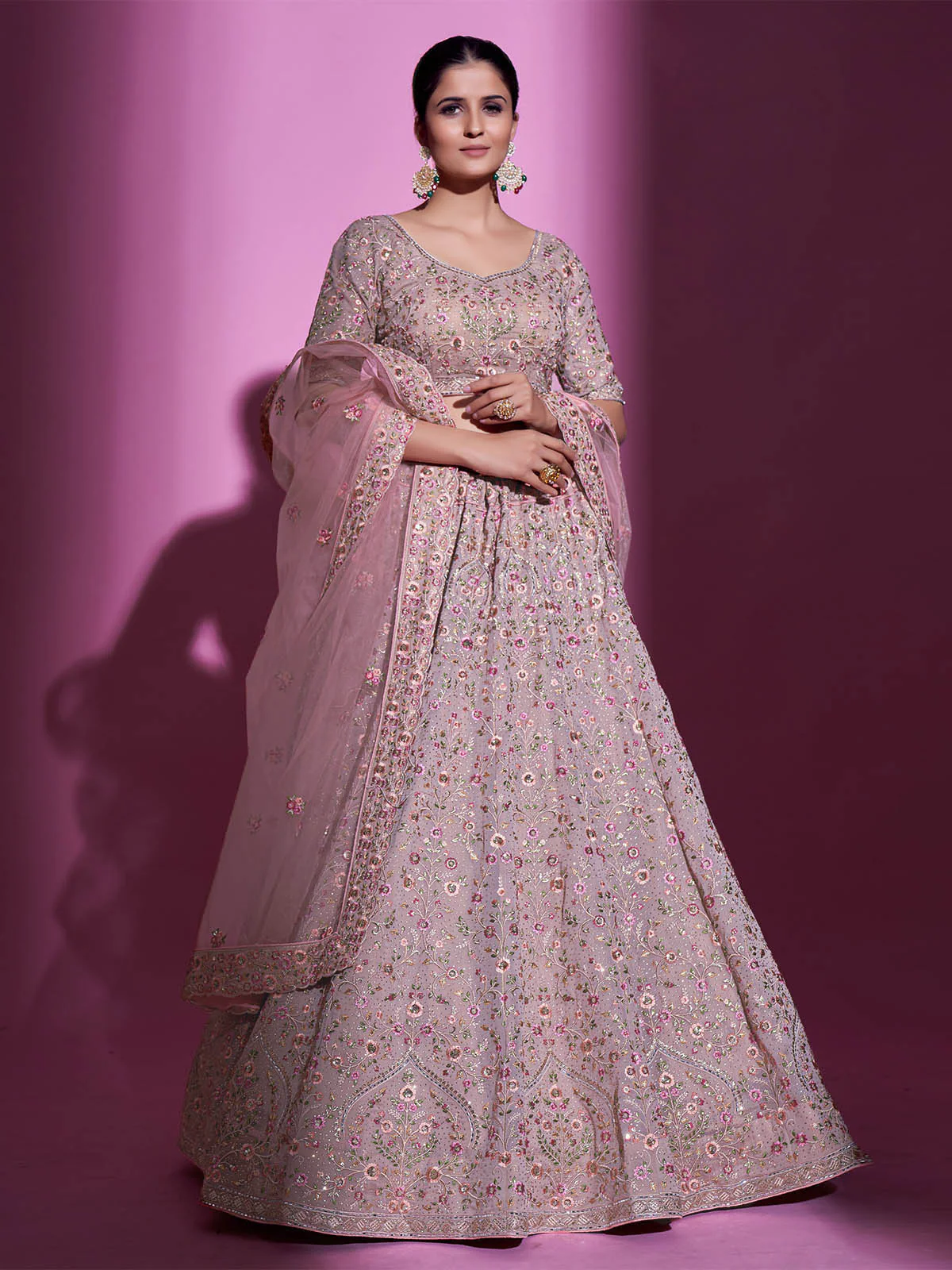 Odette Women Peach Georgette Embroidered Semi Stitched Lehenga With Unstitched Blouse - Image 2