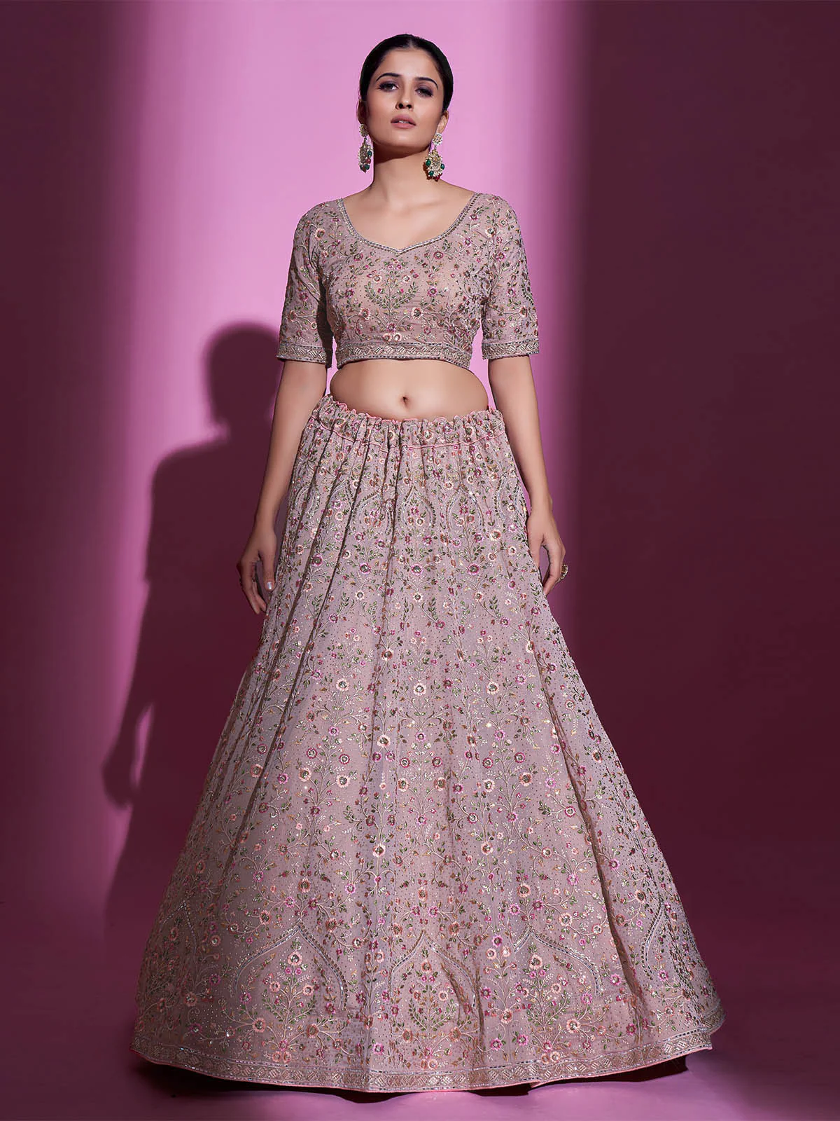 Odette Women Peach Georgette Embroidered Semi Stitched Lehenga With Unstitched Blouse - Image 4