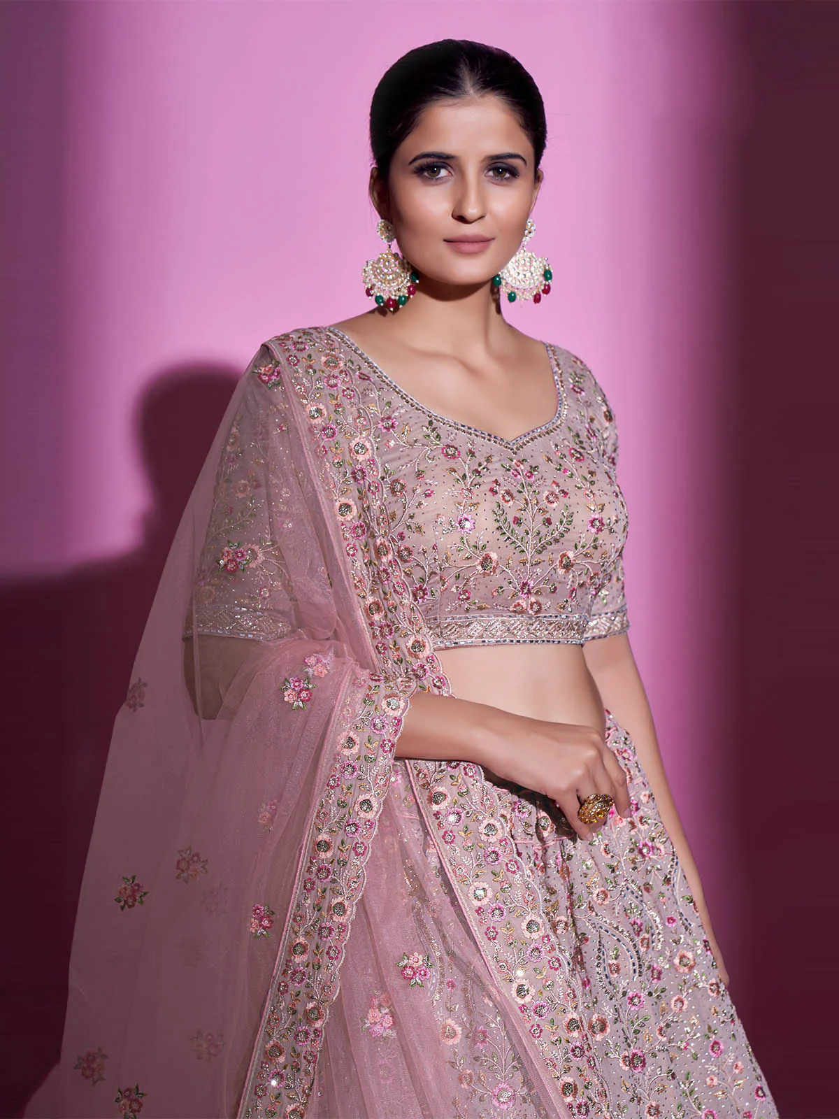 Odette Women Peach Georgette Embroidered Semi Stitched Lehenga With Unstitched Blouse - Image 6