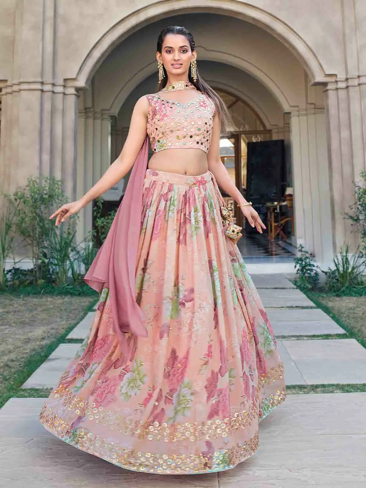 Odette Women Pink Georgette Embroidered Semi Stitched Lehenga With Unstitched Blouse - Image 2
