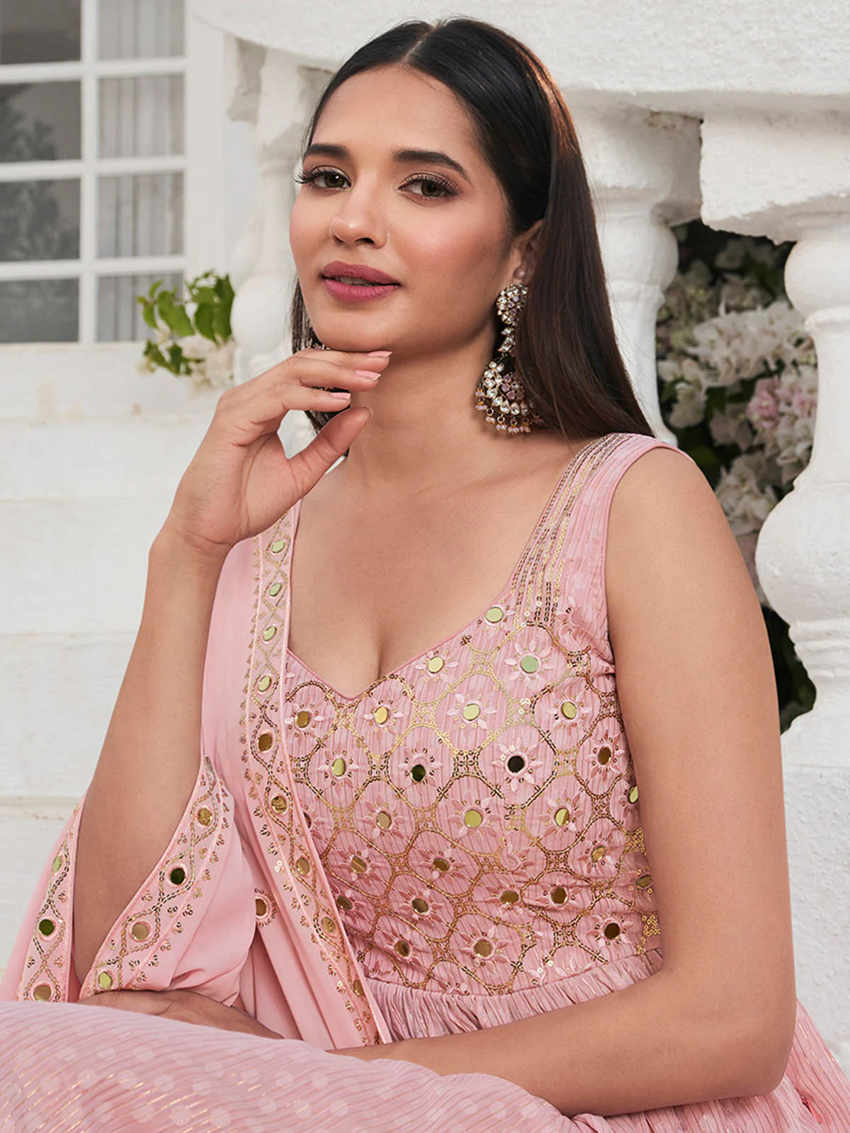 Odette Women Pink Georgette Embroidered Stitched  Salwar Suit - Image 4