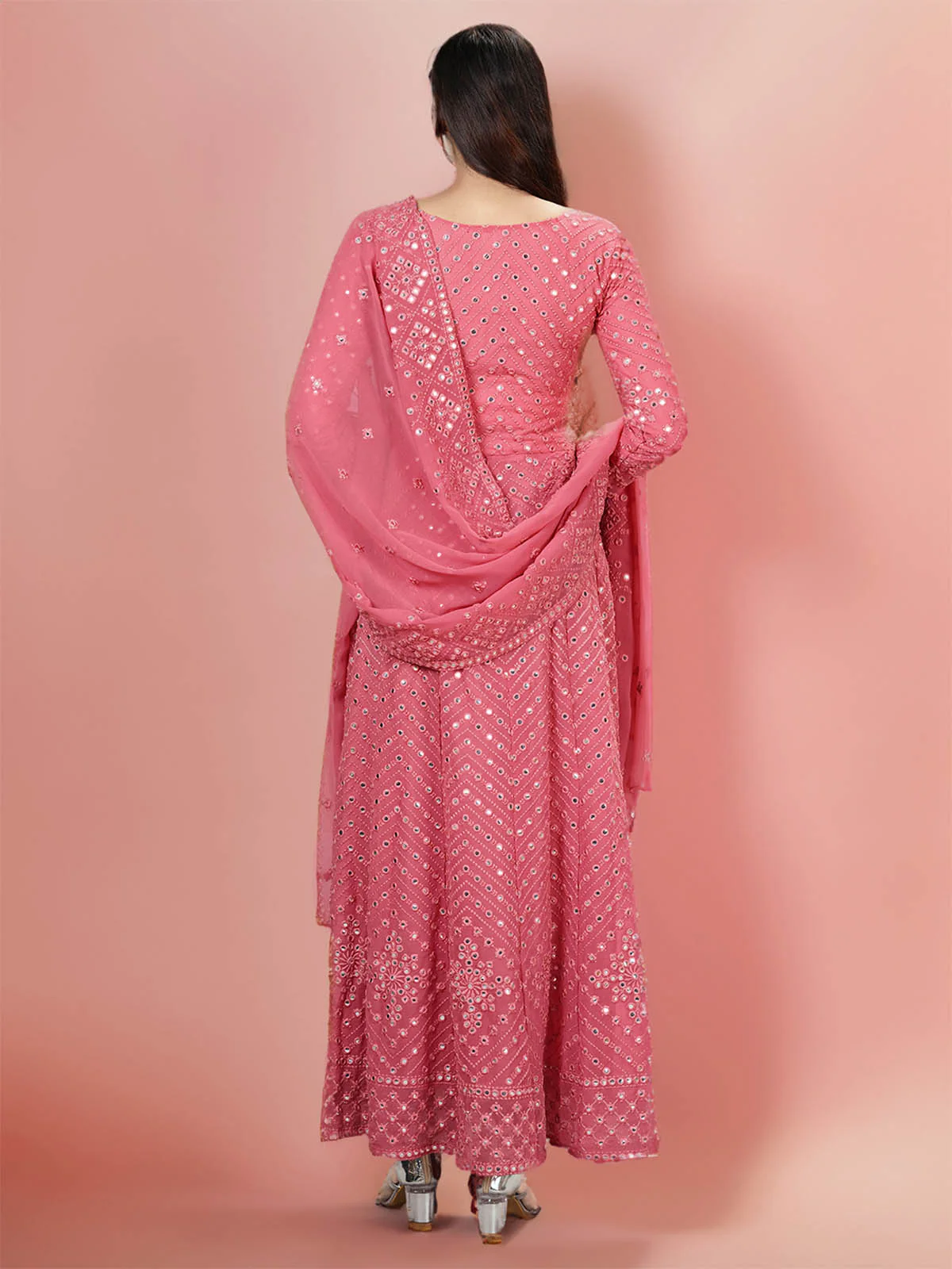 Odette Women Pink Georgette Mirror Work Gown - Image 3