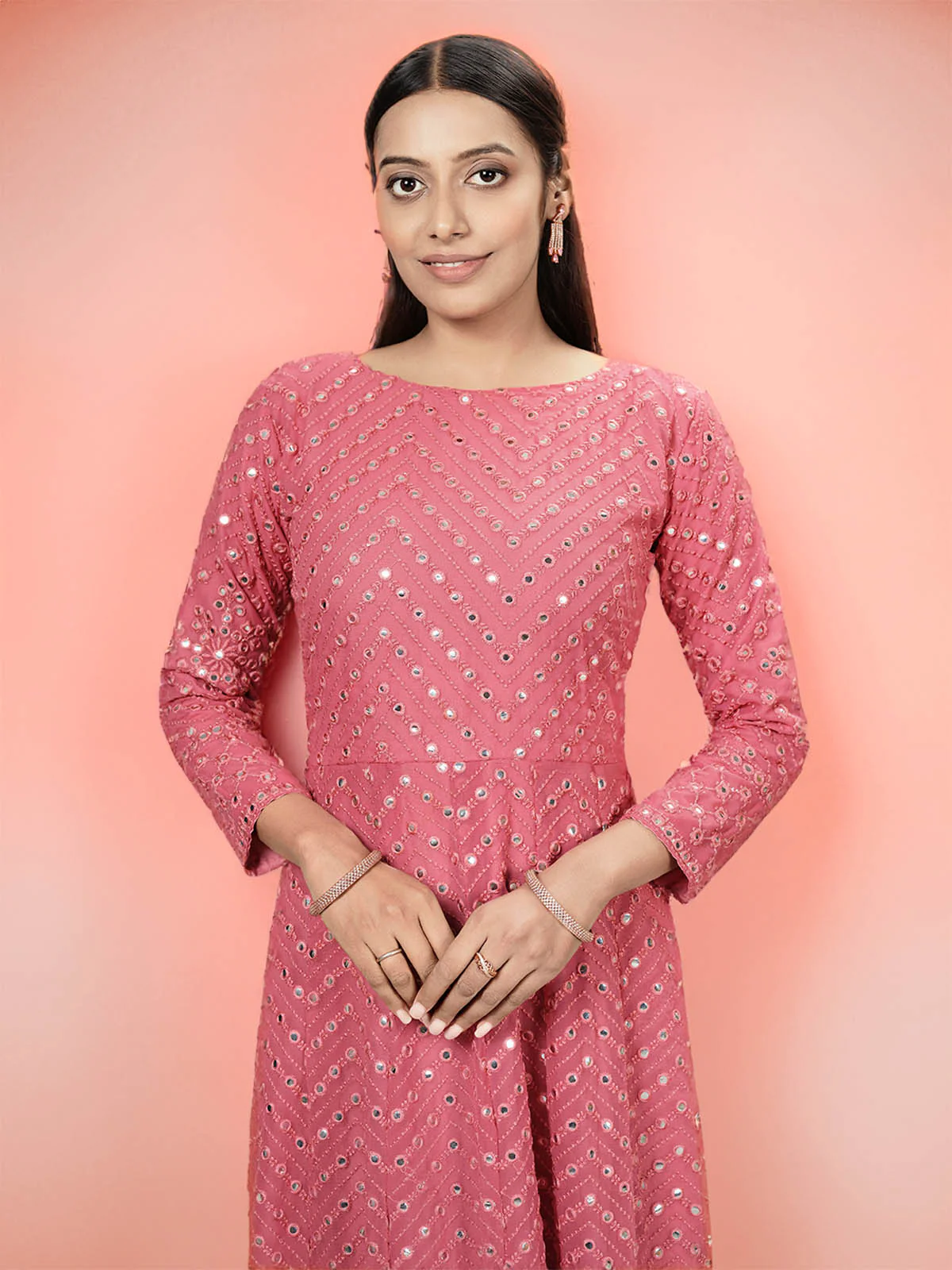 Odette Women Pink Georgette Mirror Work Gown - Image 4