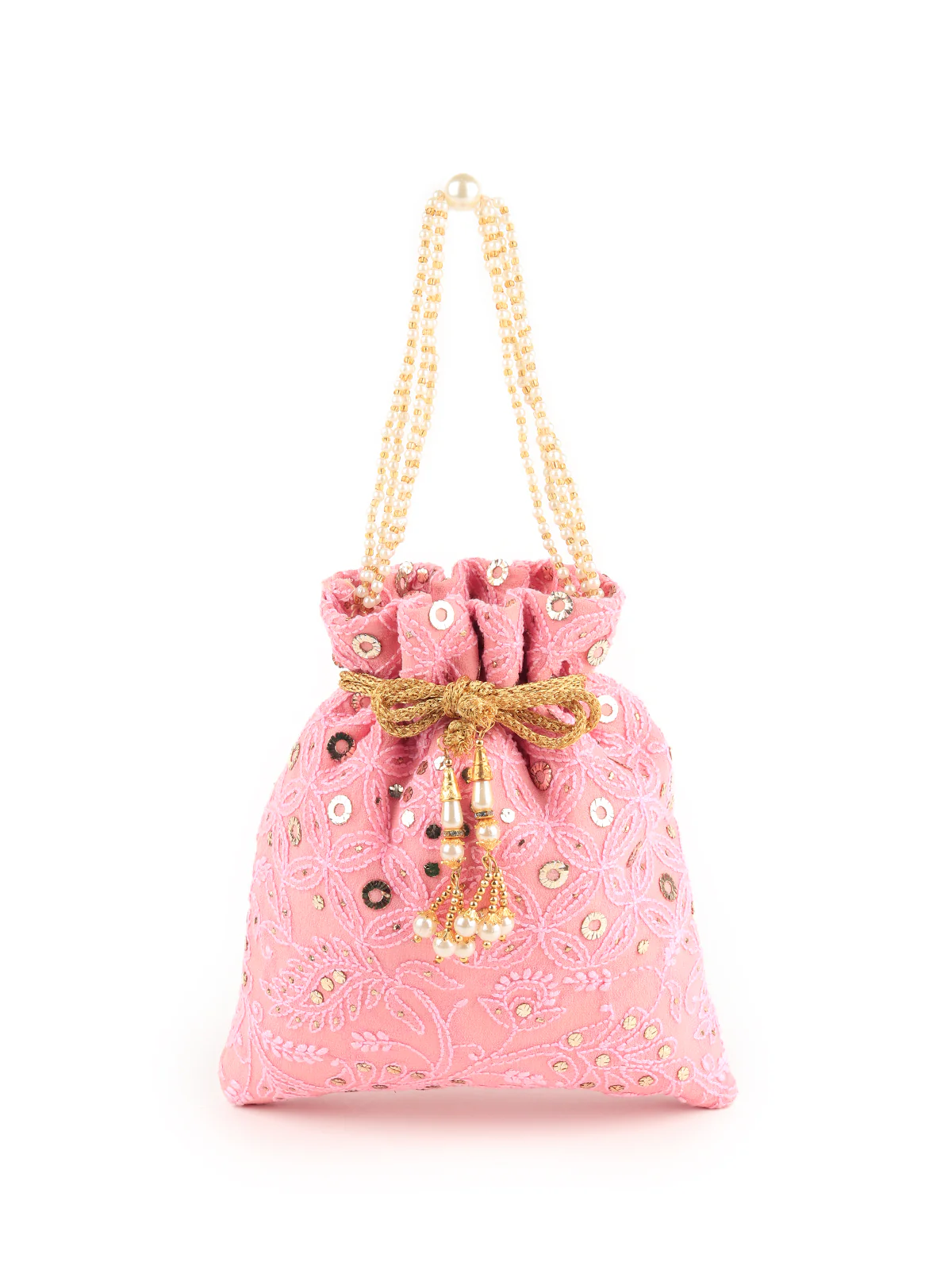 Odette Women Pink Lucknow Chikankari Embroidered Potli Bag - Image 2