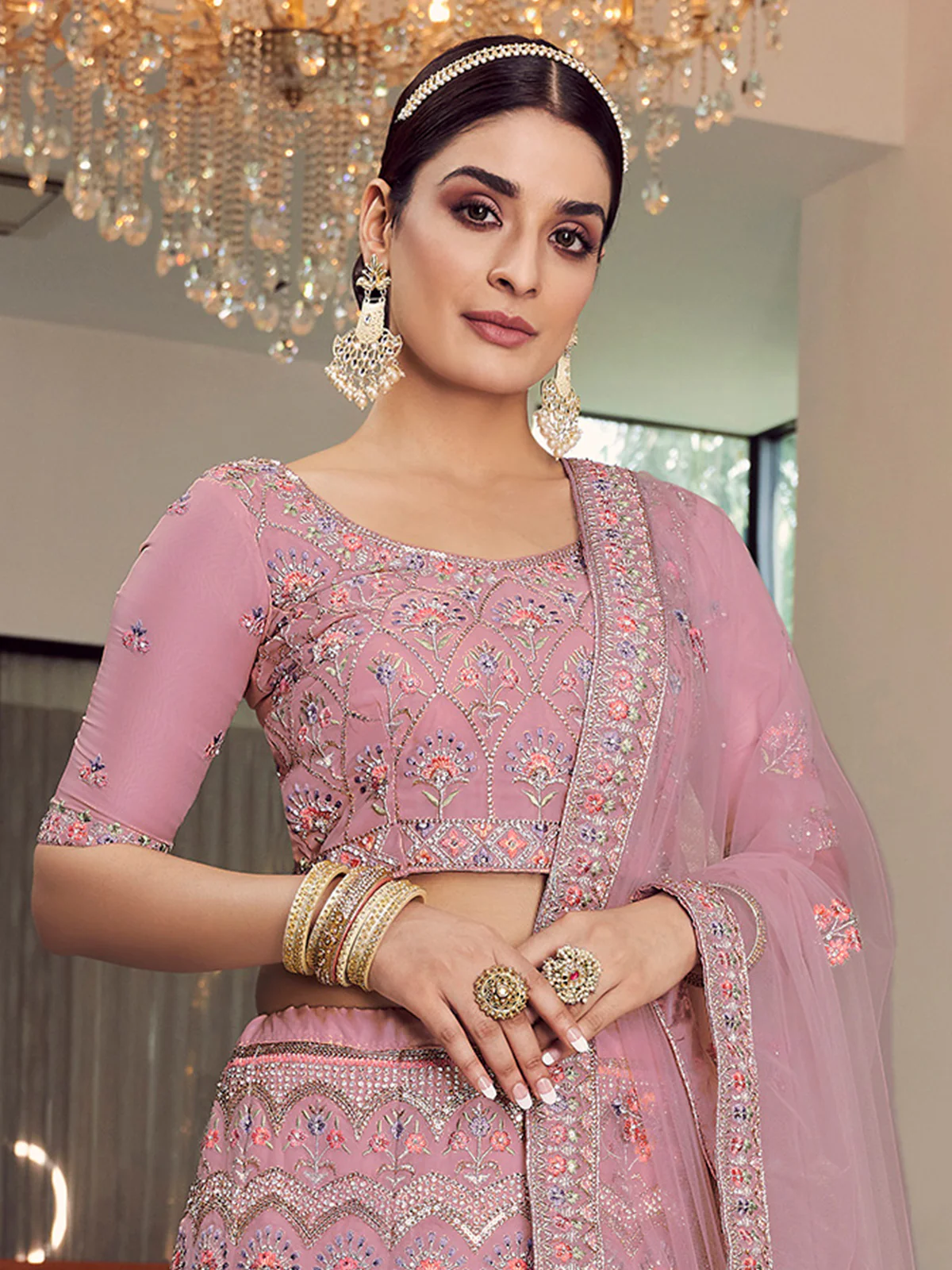Odette Women Pink Embroidered Organza Semi Stitched Lehenga With Unstitched Blouse - Image 2