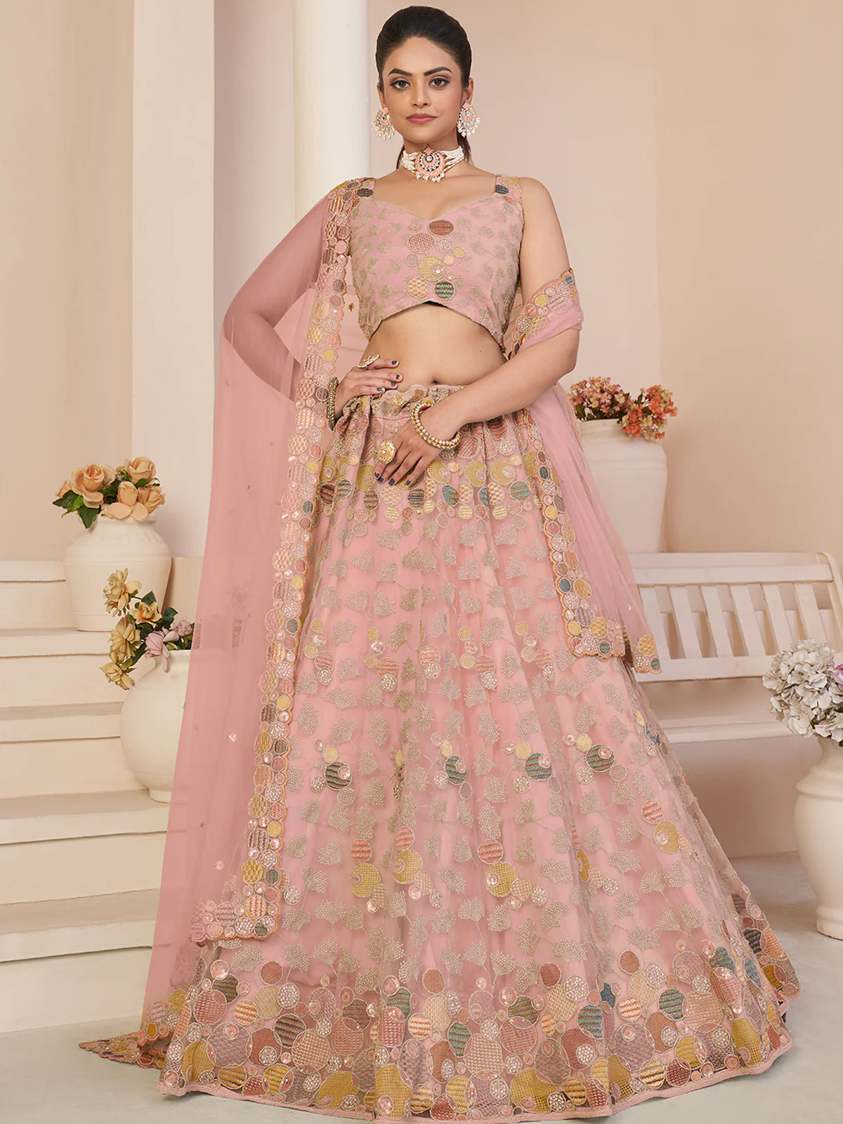 Odette Women Pink Net Embroidered Semi Stitched Lehenga With Unstitched Blouse - Image 2