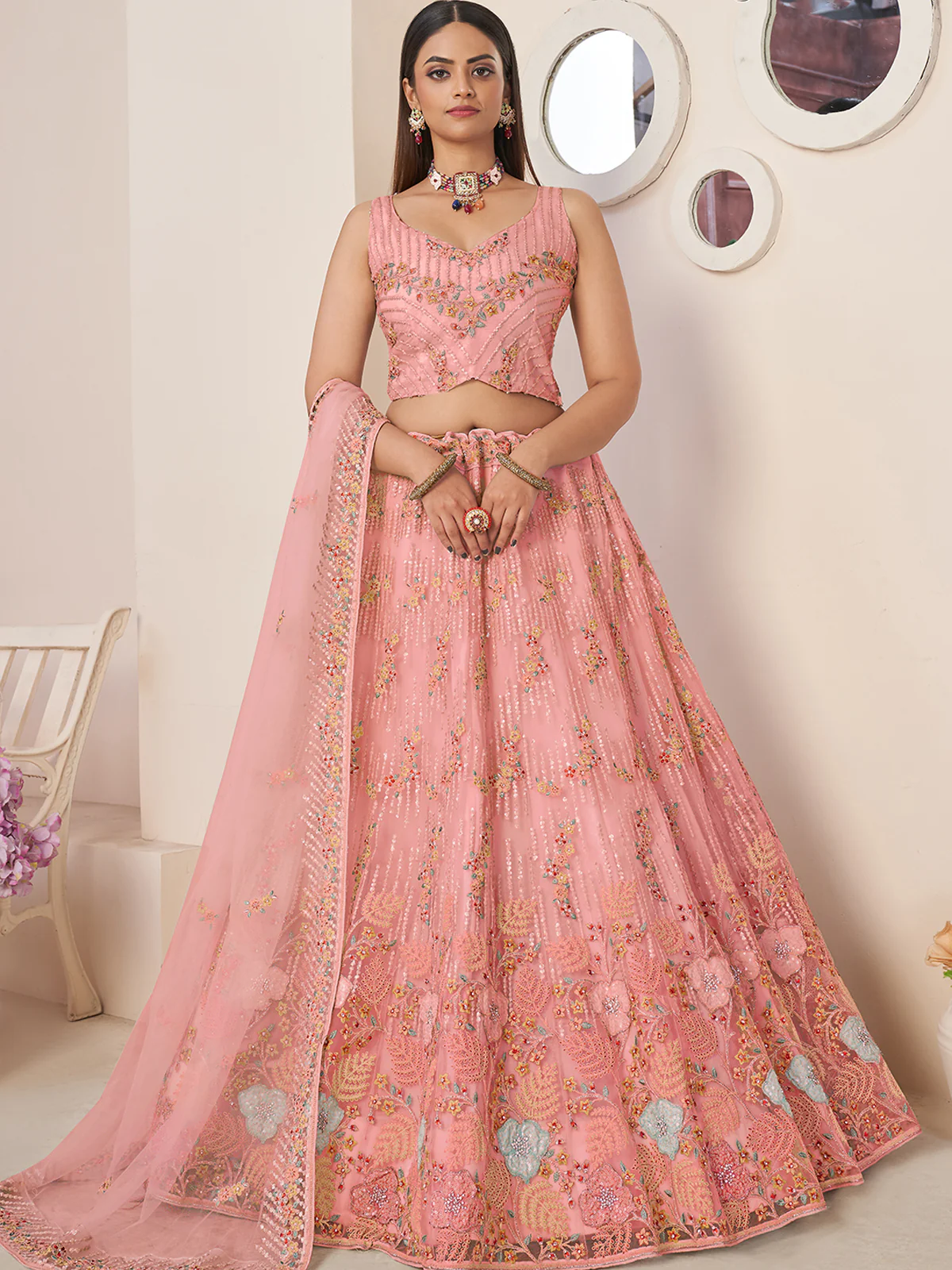 Odette Women Pink Net Embroidered Semi Stitched Lehenga With Unstitched Blouse - Image 2