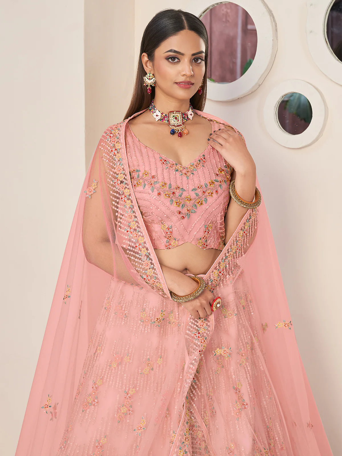 Odette Women Pink Net Embroidered Semi Stitched Lehenga With Unstitched Blouse - Image 3