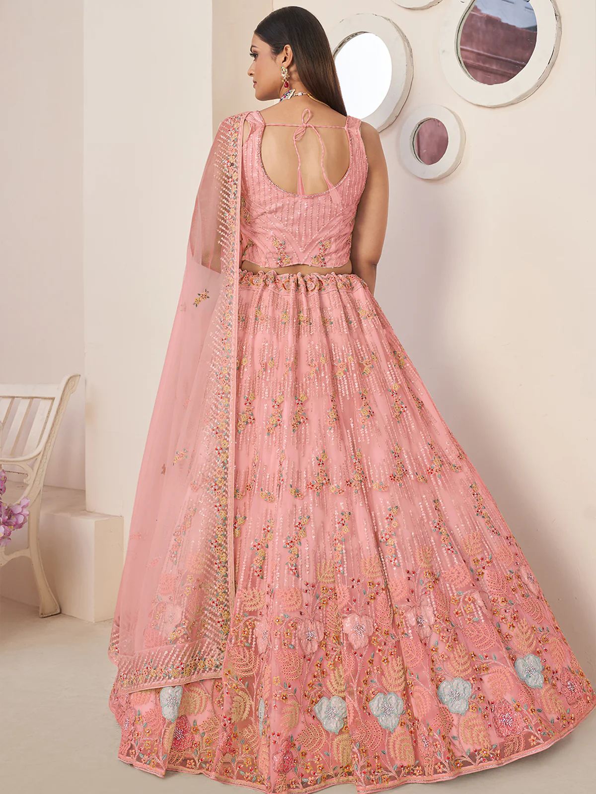 Odette Women Pink Net Embroidered Semi Stitched Lehenga With Unstitched Blouse - Image 4