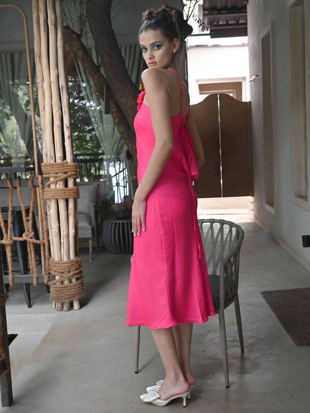 Odette Women Polyester Halter Neck Dress With Flower Accent - Image 3