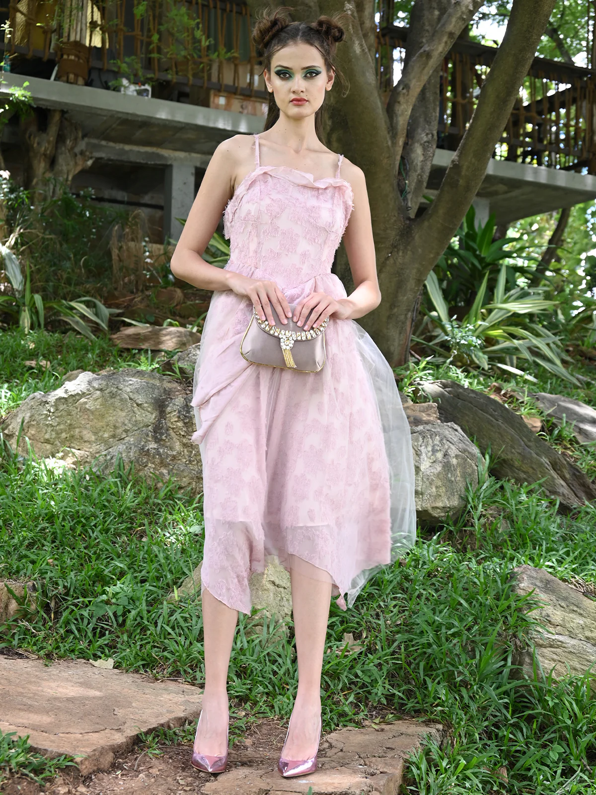 Odette Women Pink Polyester Voile With Brasso Fit And Flare Dress - Image 2