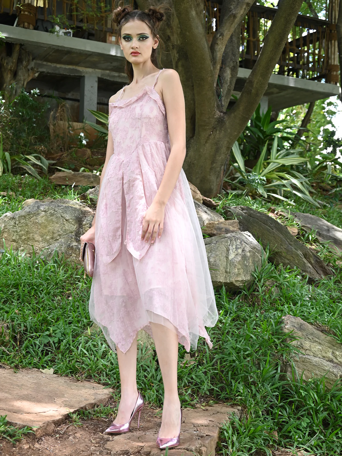 Odette Women Pink Polyester Voile With Brasso Fit And Flare Dress - Image 3