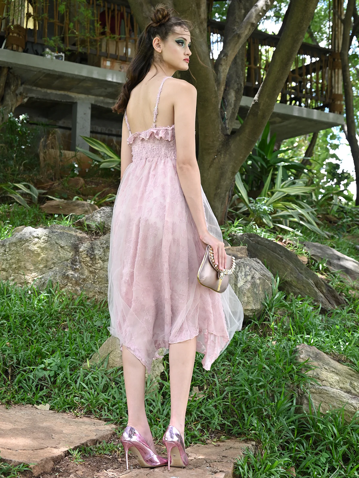 Odette Women Pink Polyester Voile With Brasso Fit And Flare Dress - Image 4