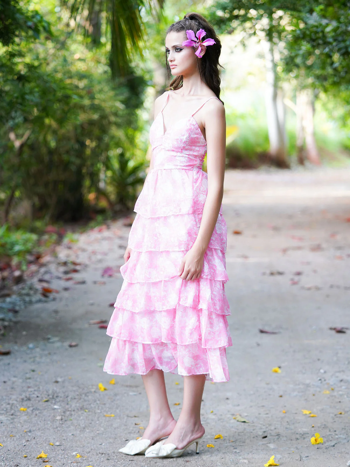 Odette Women Pink Printed Georgette Frilled Stitched Dress - Image 2
