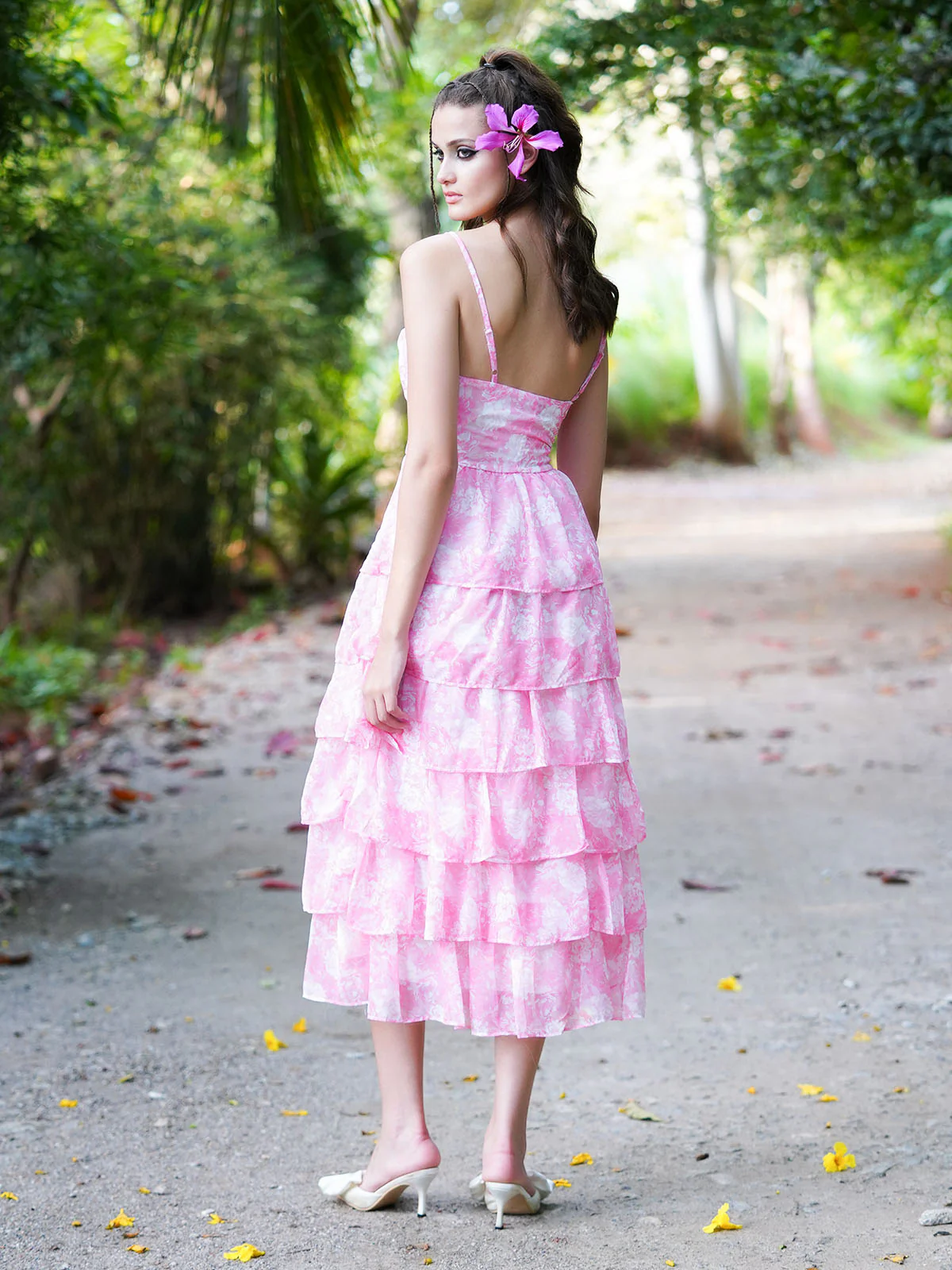 Odette Women Pink Printed Georgette Frilled Stitched Dress - Image 4