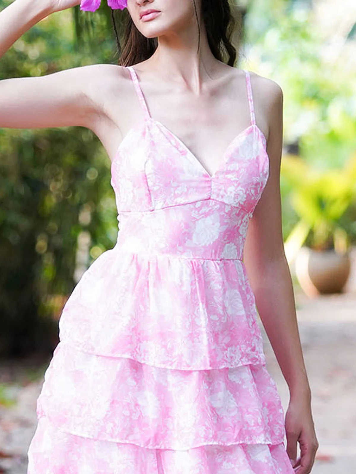 Odette Women Pink Printed Georgette Frilled Stitched Dress - Image 5