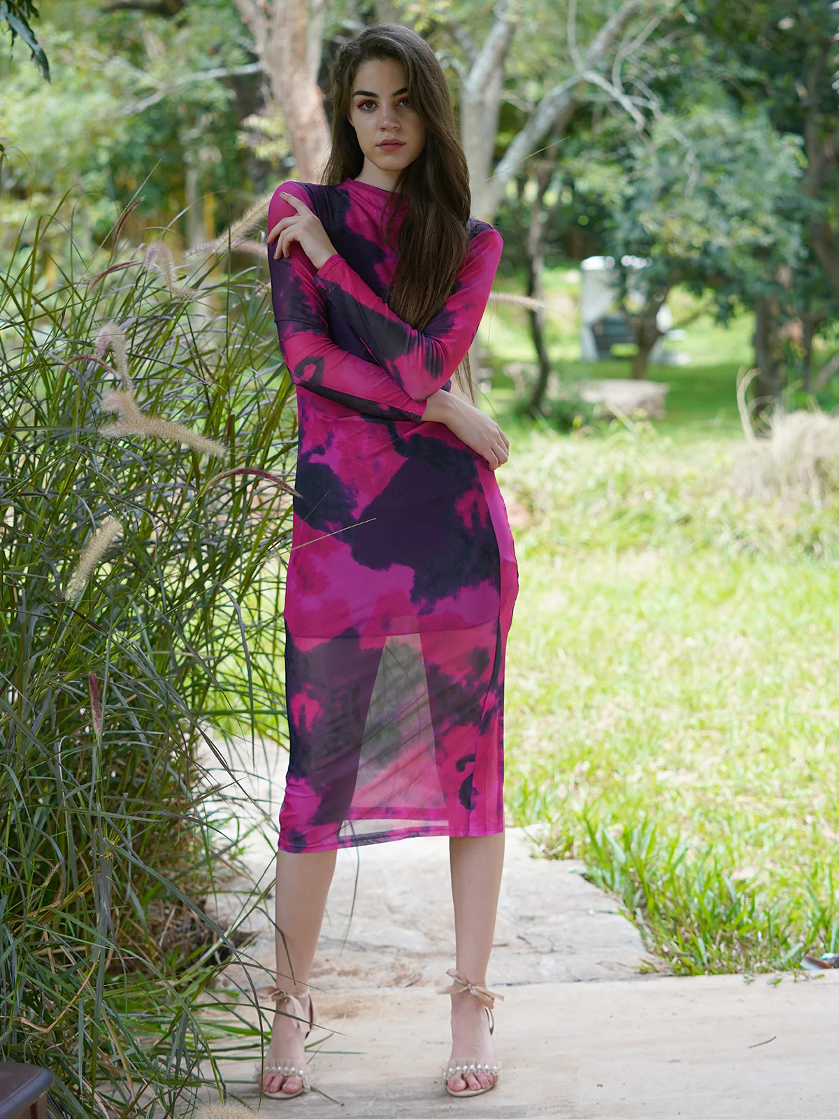 Odette Women Pink Printed Net Lycra Stitched Dress - Image 2