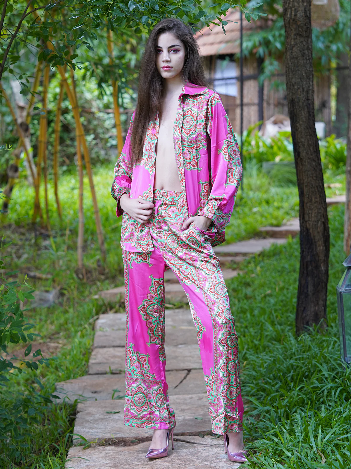 Odette Women Pink Printed Polyester Satin Co-Ord Set - Image 2