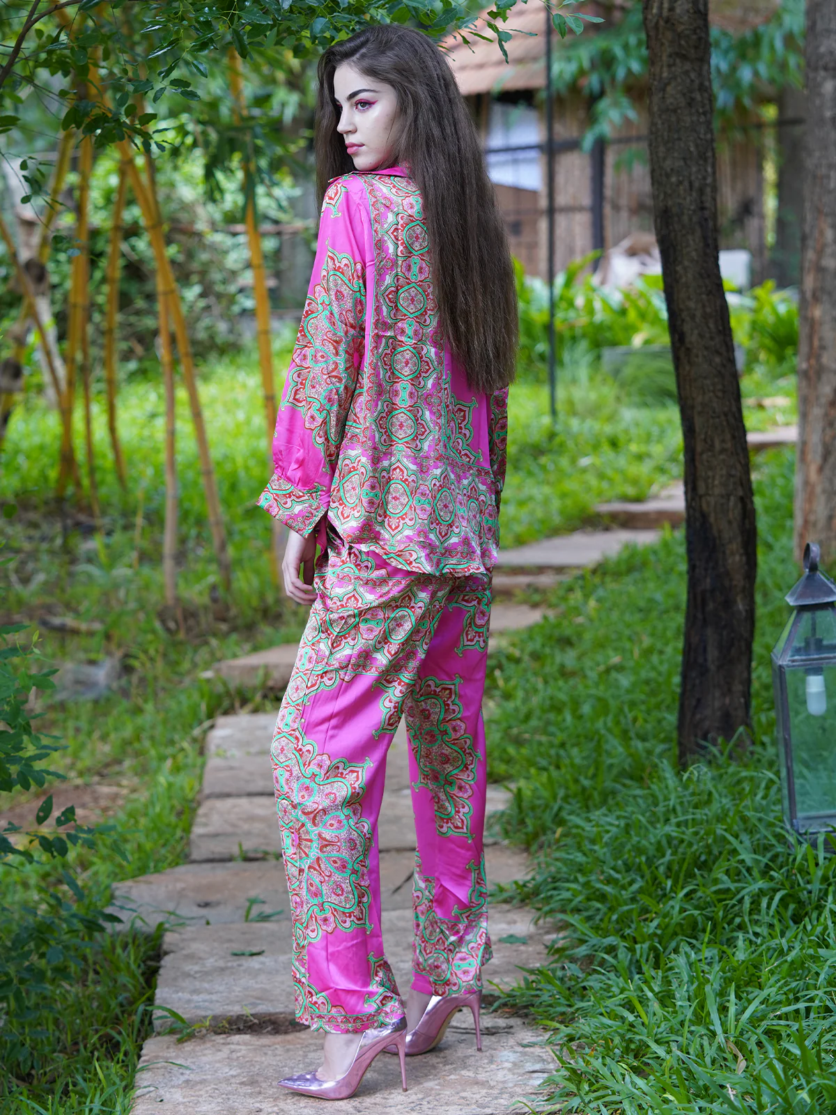 Odette Women Pink Printed Polyester Satin Co-Ord Set - Image 3