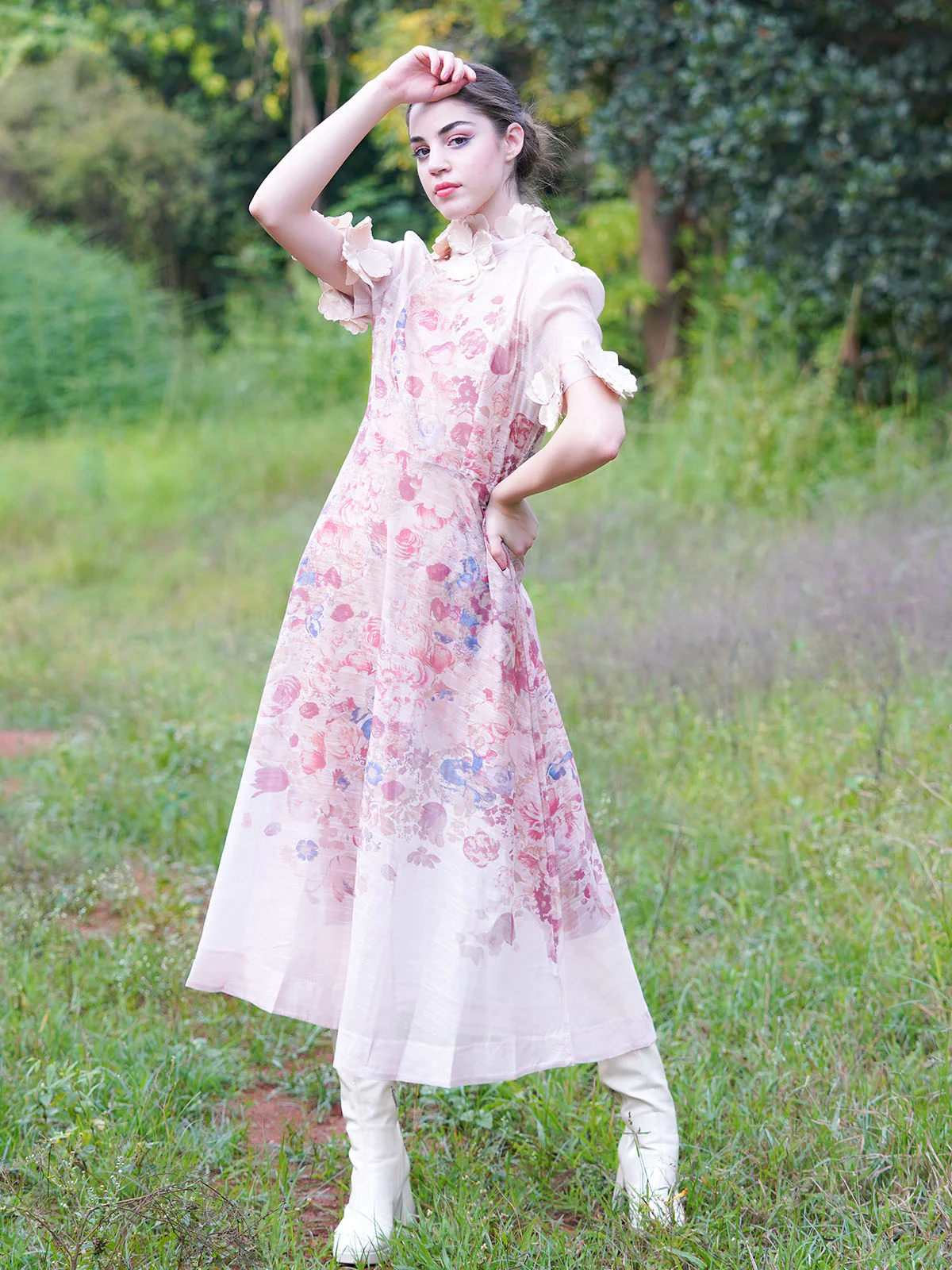 Odette Women Pink Printed Striped Polyester Voil Long Dress - Image 2