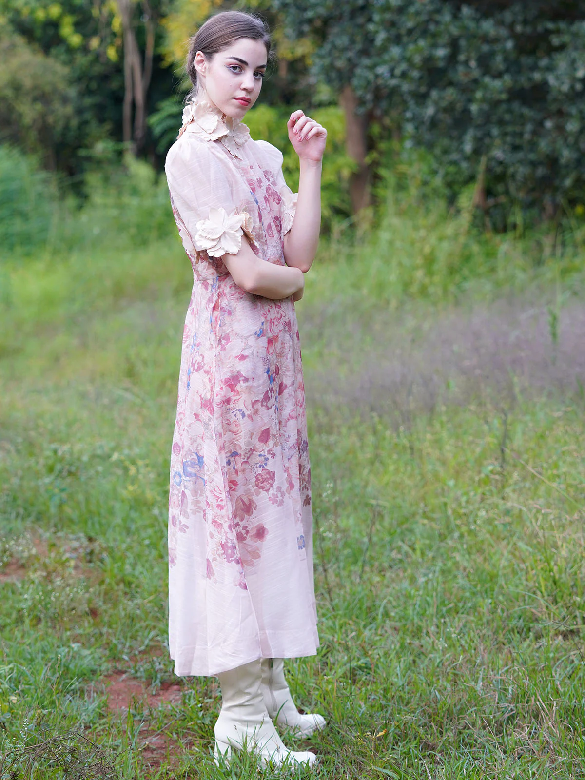 Odette Women Pink Printed Striped Polyester Voil Long Dress - Image 4