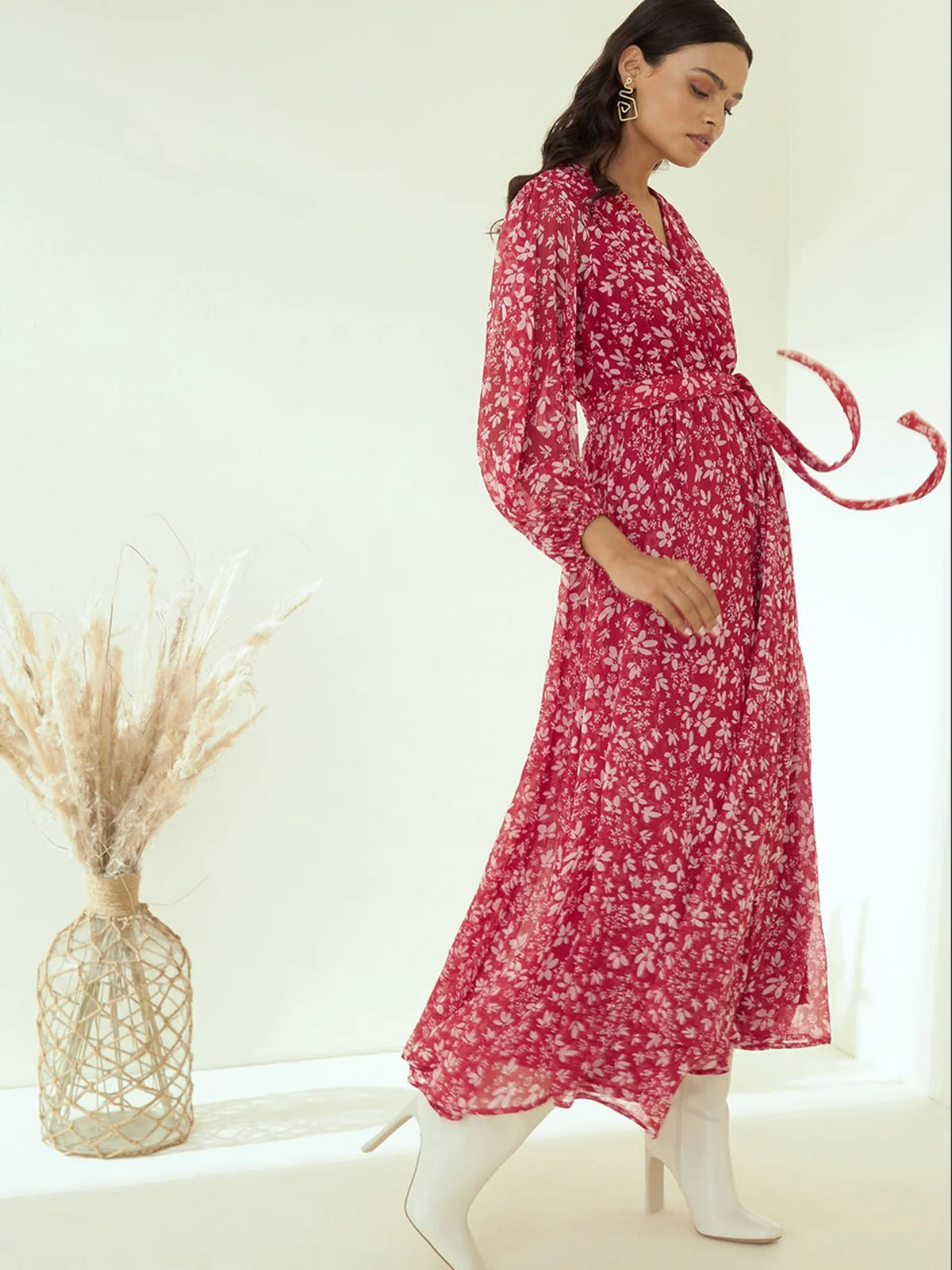 Odette Pink Rayon Stitched Printed Indo Western Dress For Women - Image 4