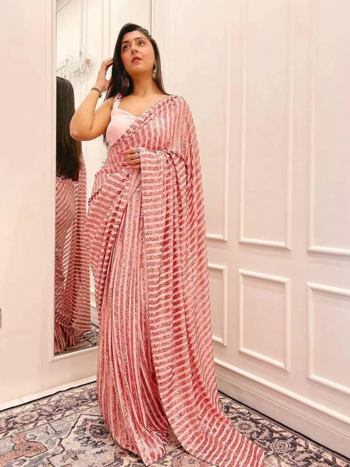 Odette Women Pink Sequin Georgette Saree With Unstitched Blouse - Image 2