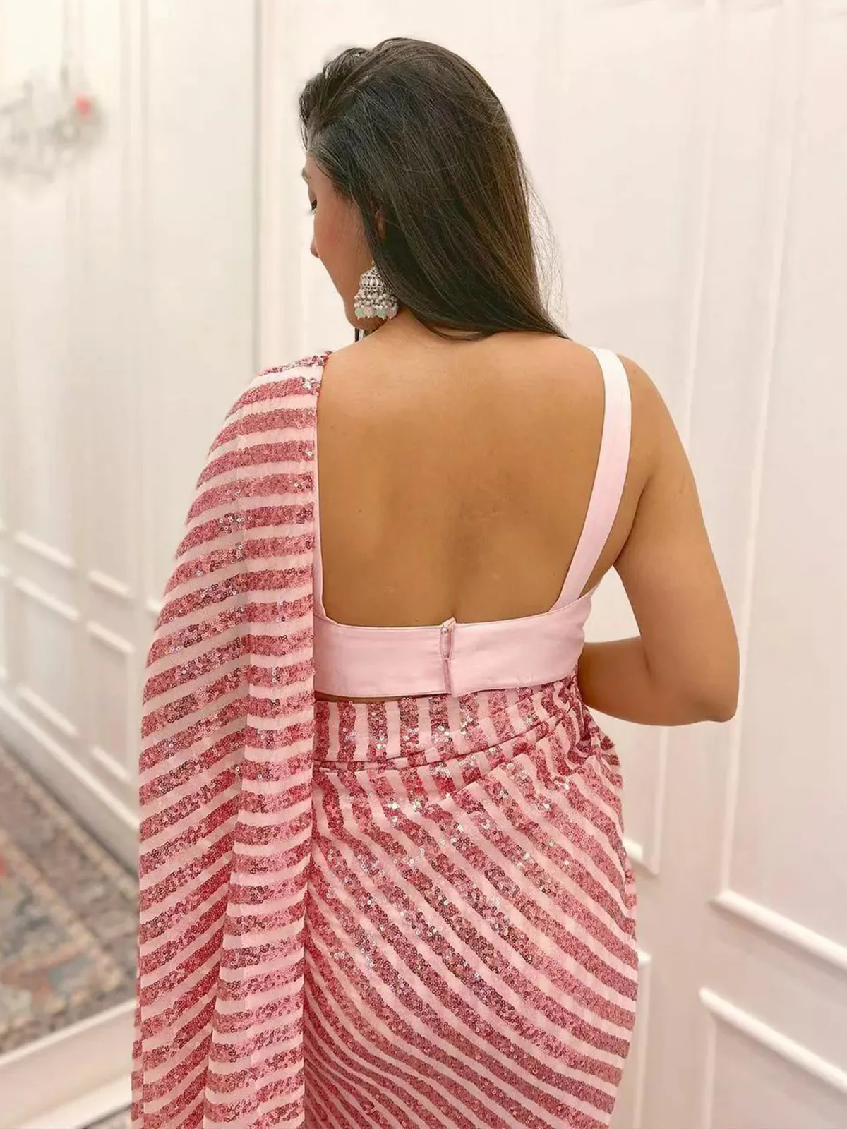 Odette Women Pink Sequin Georgette Saree With Unstitched Blouse - Image 4